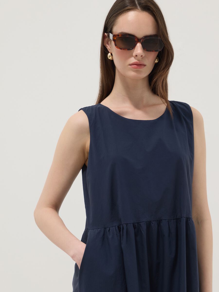 Blue sleeveless pure cotton dress with tiered skirt, regular fit_1