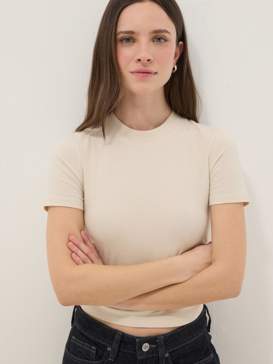Beige slim fit stretch cotton t-shirt_0