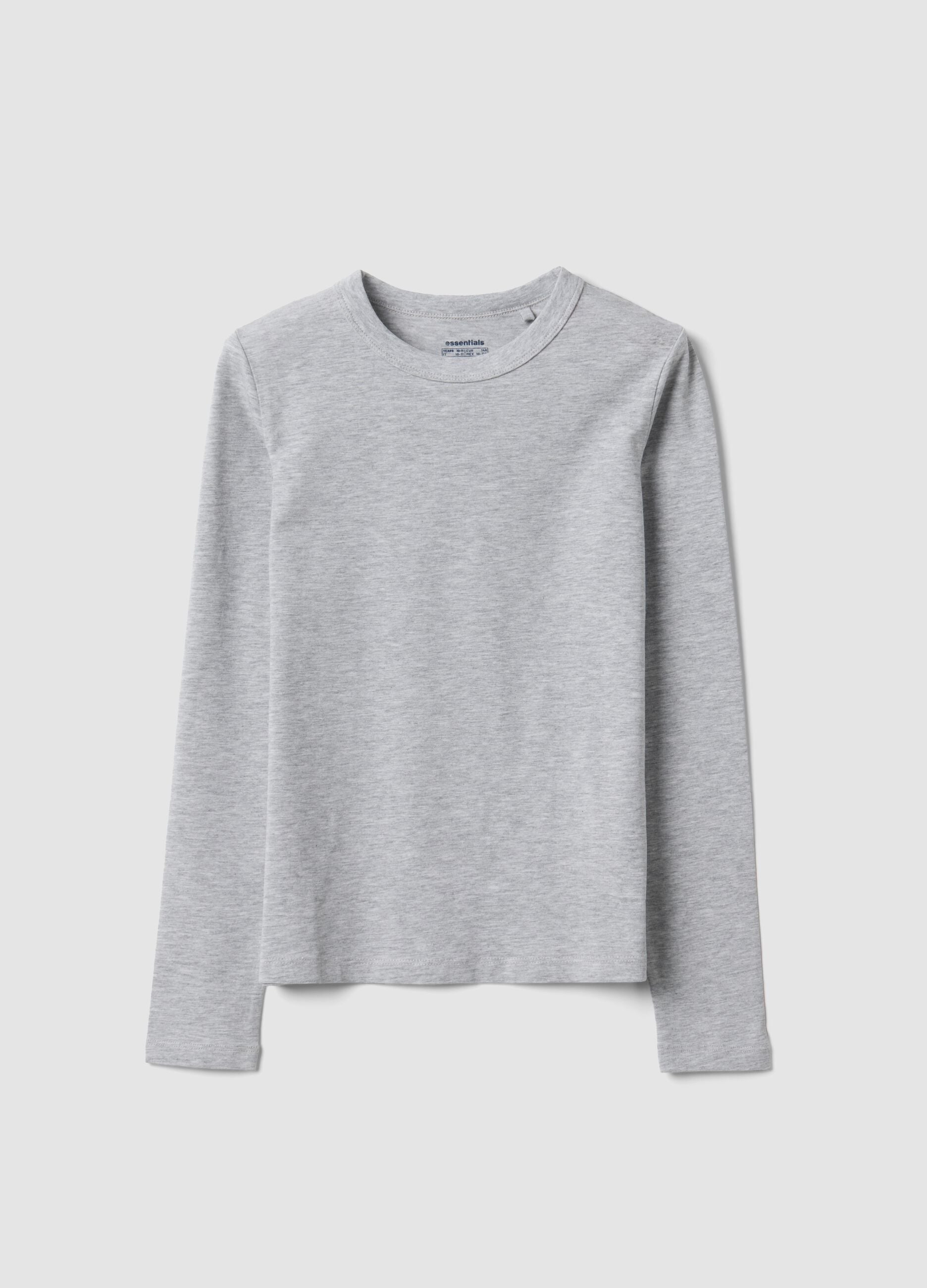 Grey organic cotton and stretch viscose T-shirt with ribbed neckline for girls