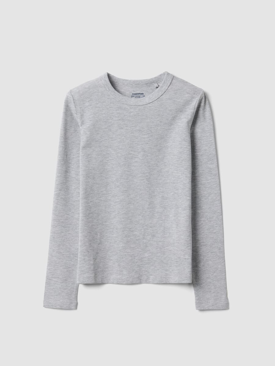 T-shirt grigia in cotone organico e viscosa elasticizzato con collo a costine per ragazza_4