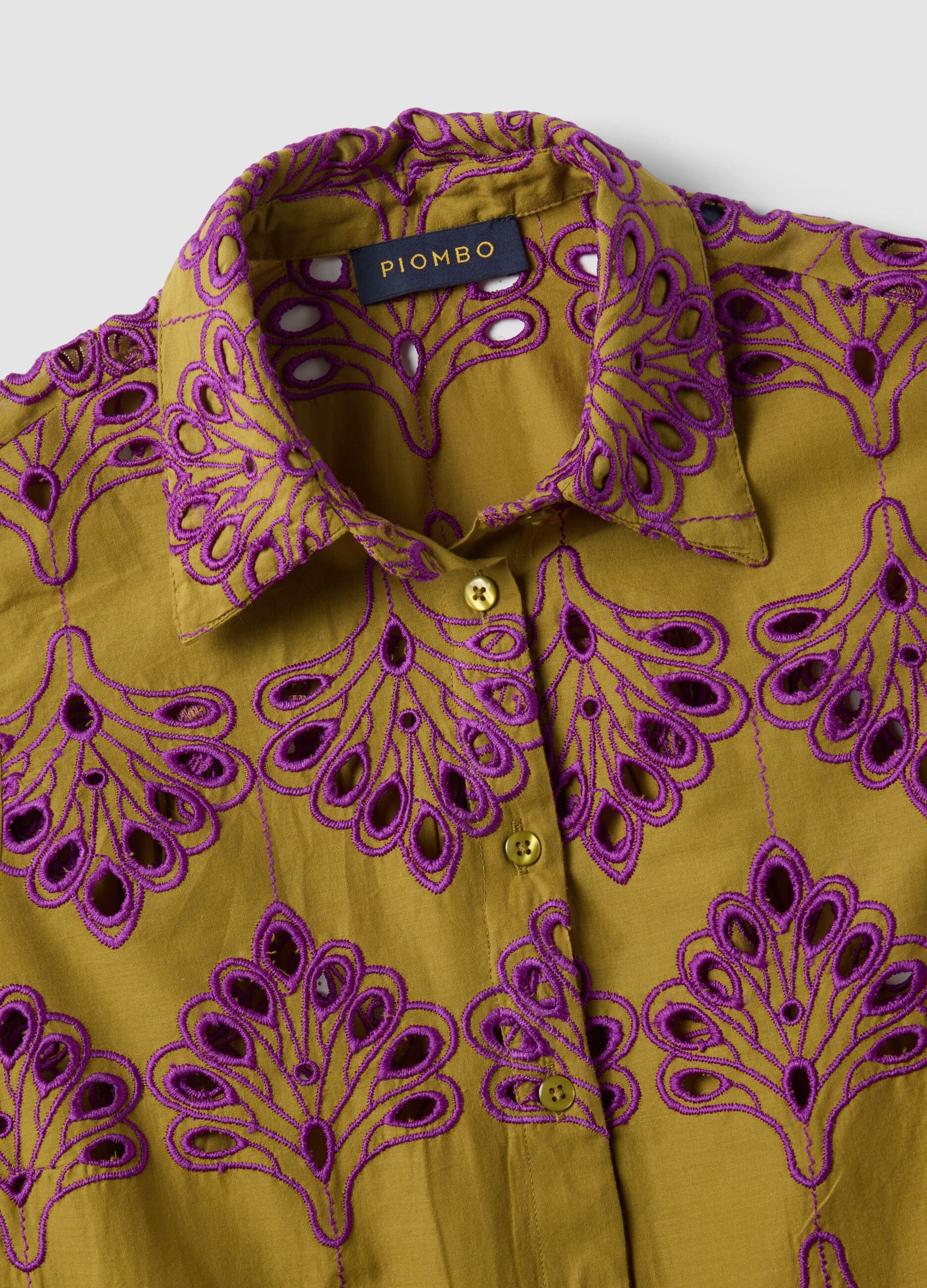 Multicolour pure cotton shirt with eyelet embroidery, regular fit