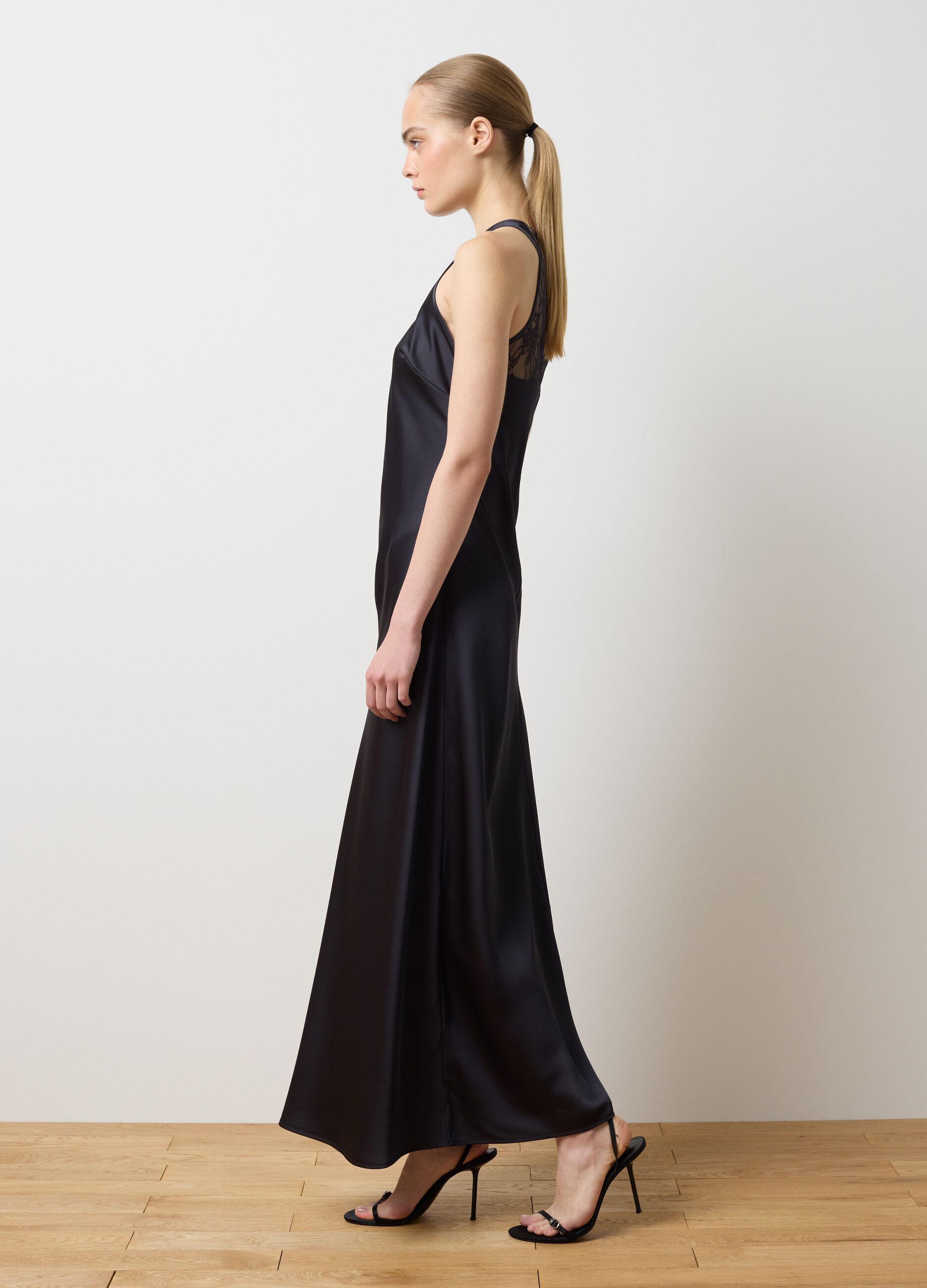 Long black satin dress regular fit