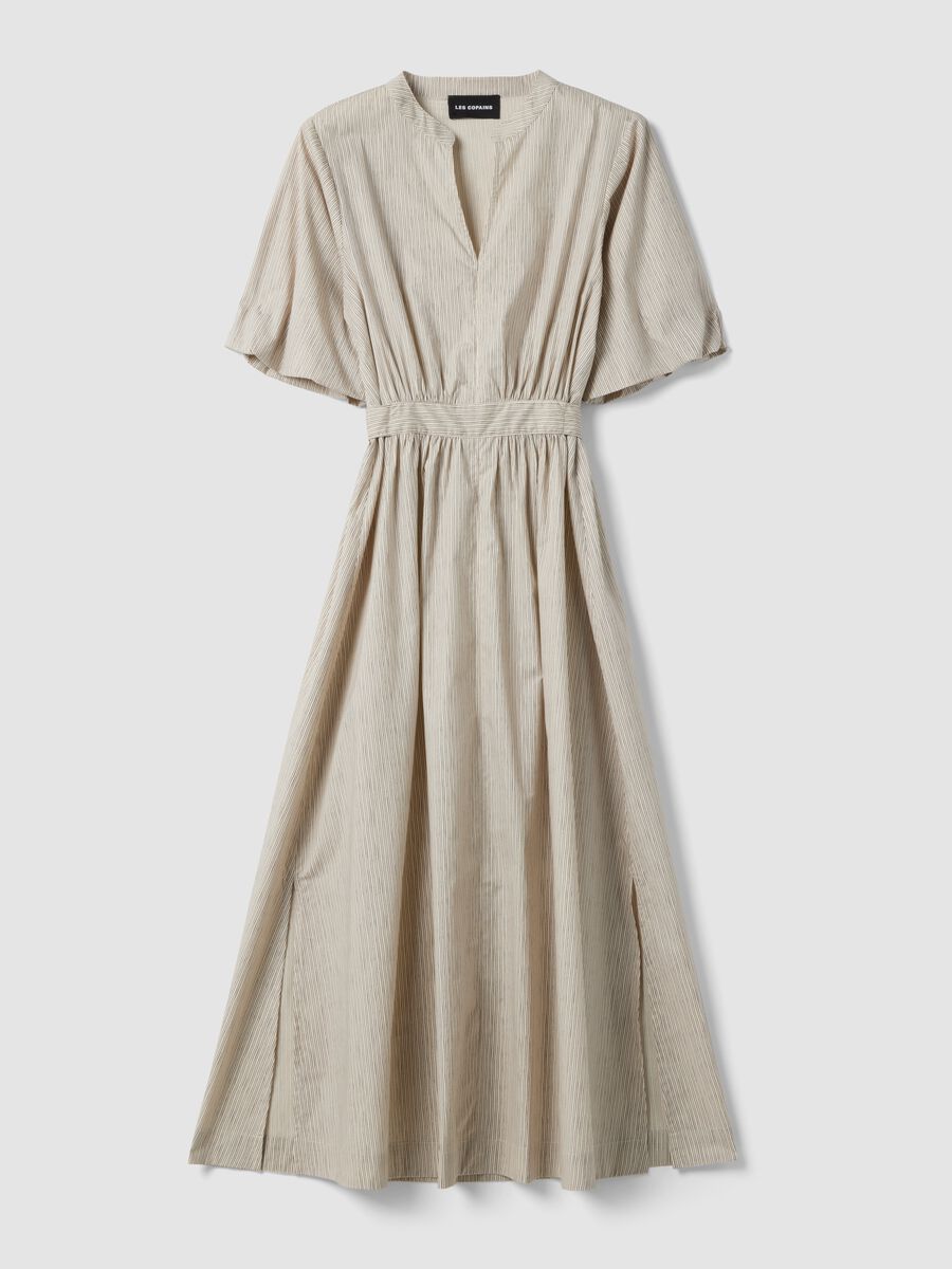 Abito lungo in puro cotone beige a righe regular fit con scollo a V_4