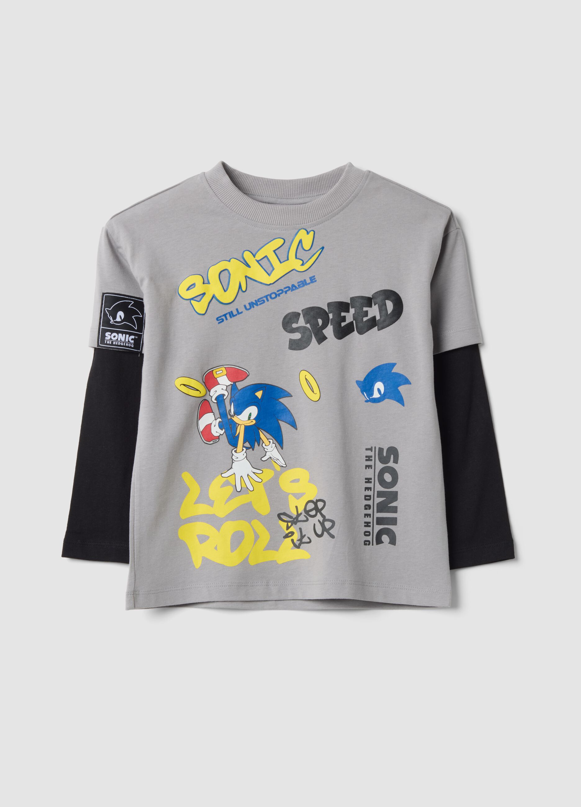 Grey pure cotton jersey T-shirt with Sonic print, oversized fit