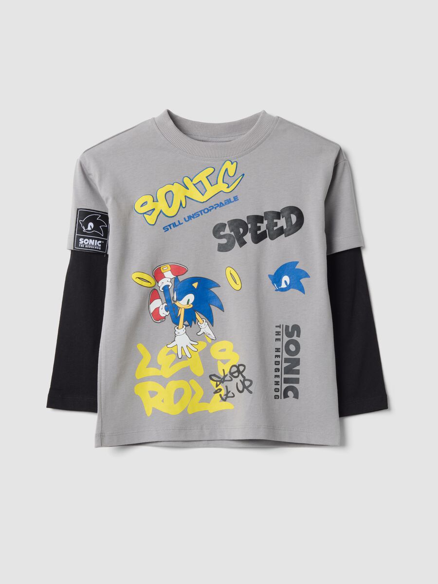Grey pure cotton jersey T-shirt with Sonic print, oversized fit_0