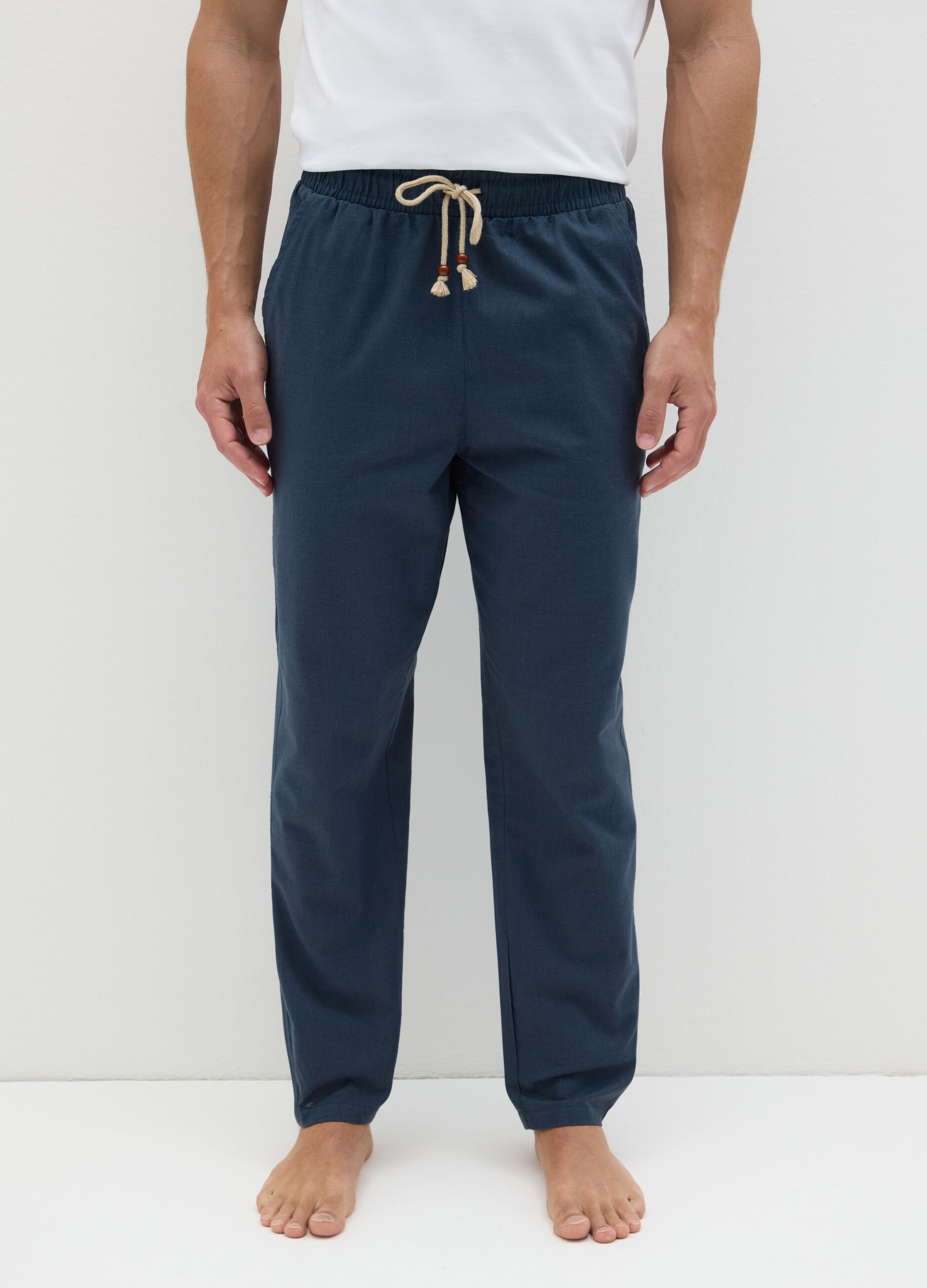 Men's Blue Cotton Blend Regular Fit Trousers
