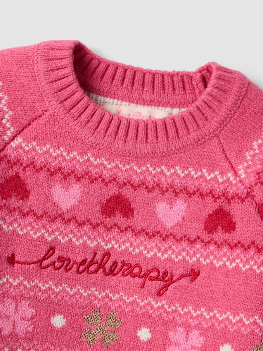 Maglia rosa girocollo con cuori e fantasia jacquard regular fit_3