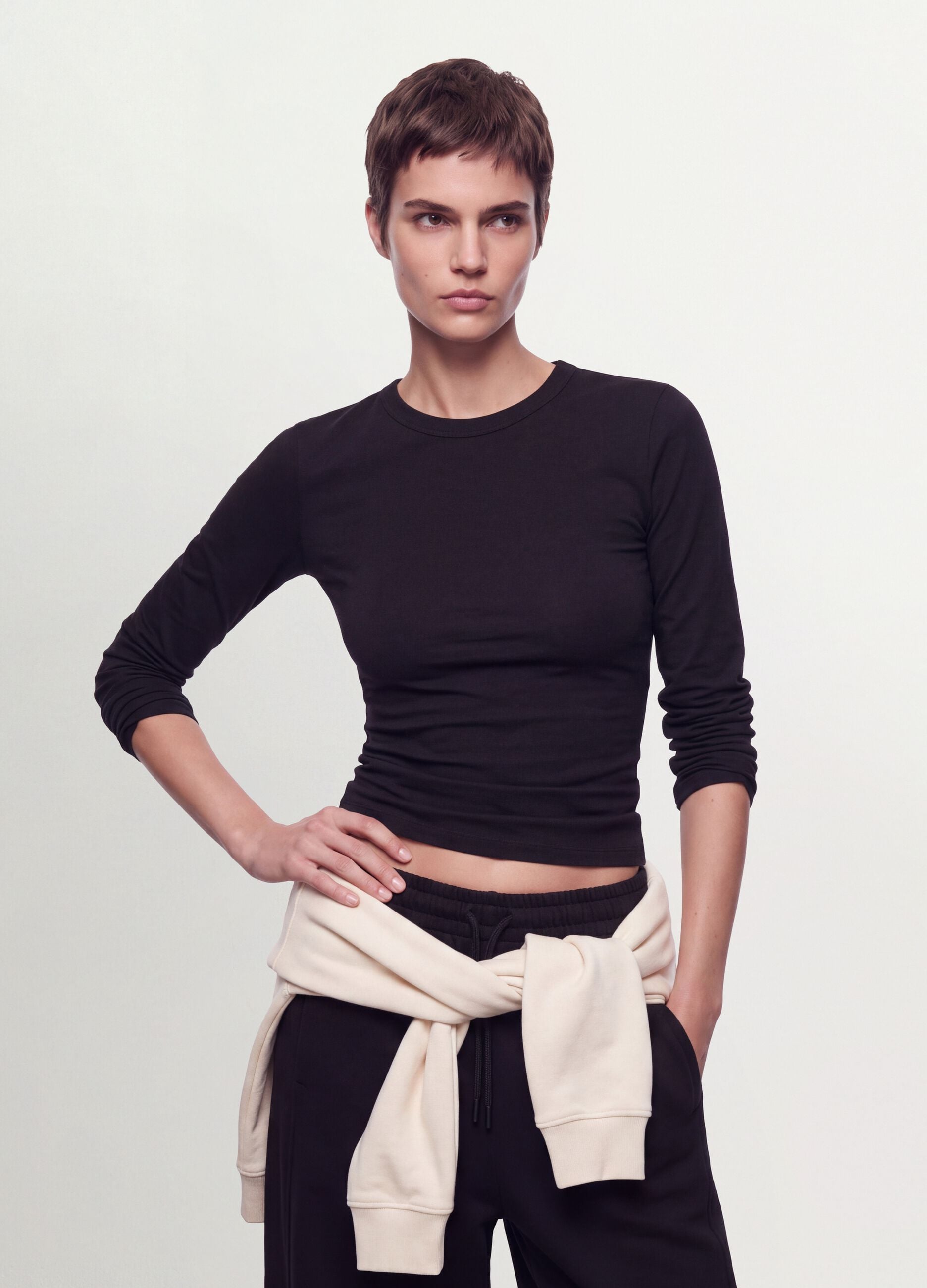 Black long-sleeve pure cotton jersey T-shirt, regular fit