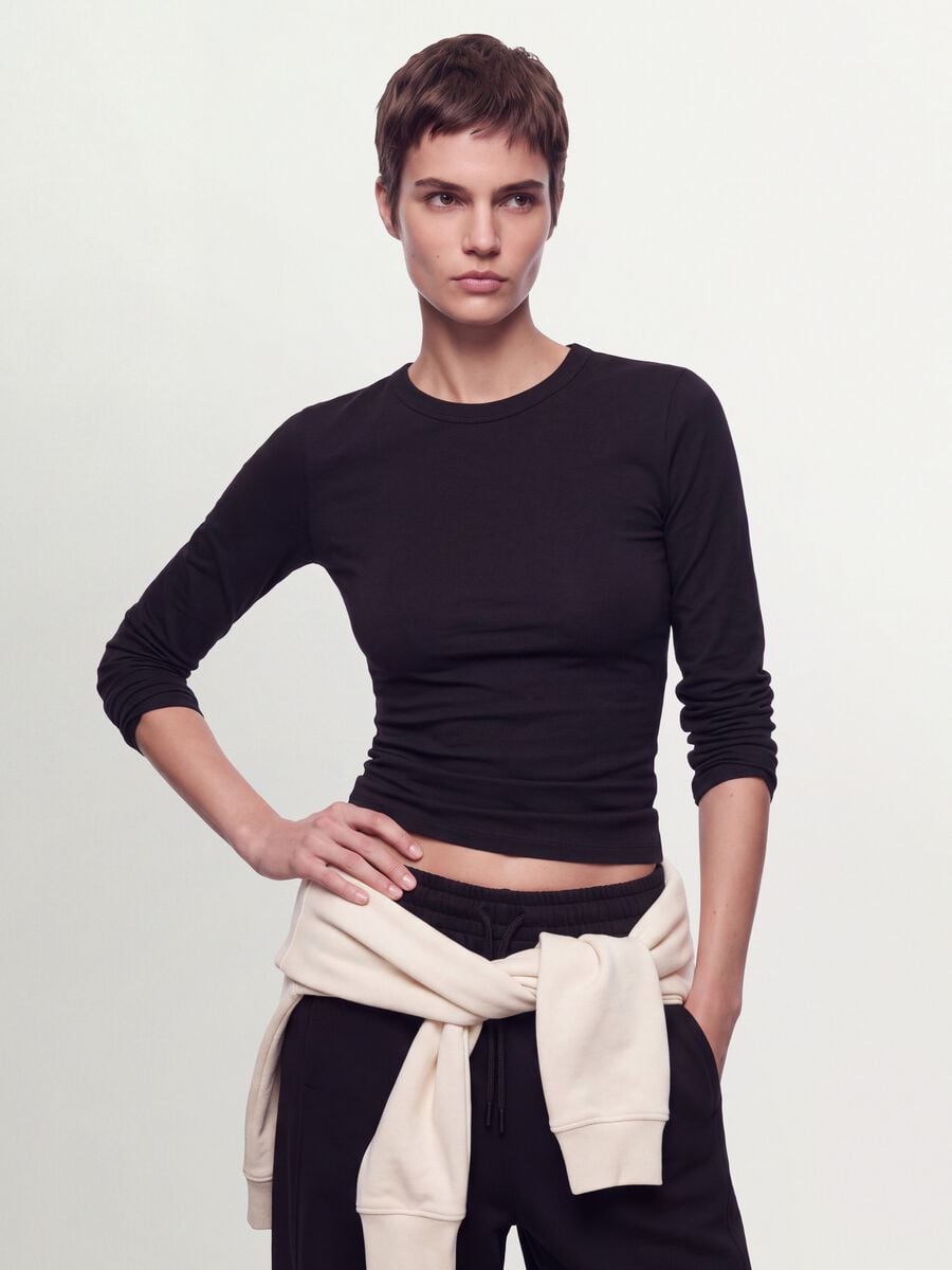 Black long-sleeved pure cotton jersey T-shirt, regular fit_0