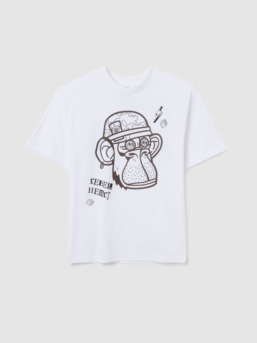T-shirt da ragazzo in puro cotone bianca oversize con stampa_0