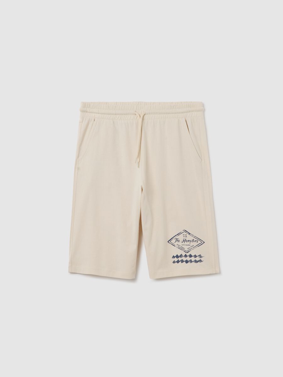 Beige cotton Bermuda shorts with drawstring and print_3
