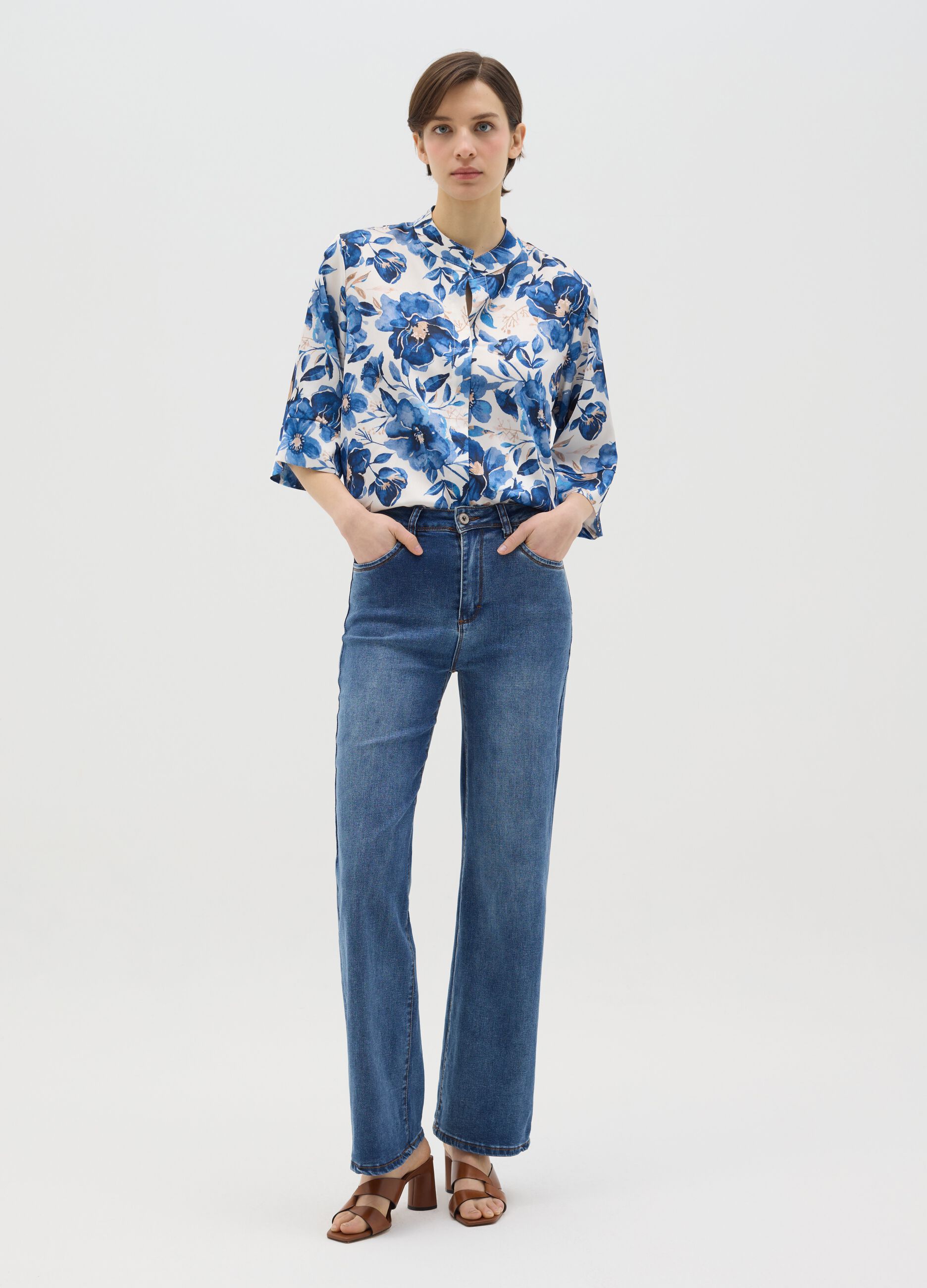 White and blue floral blouse with kimono sleeves