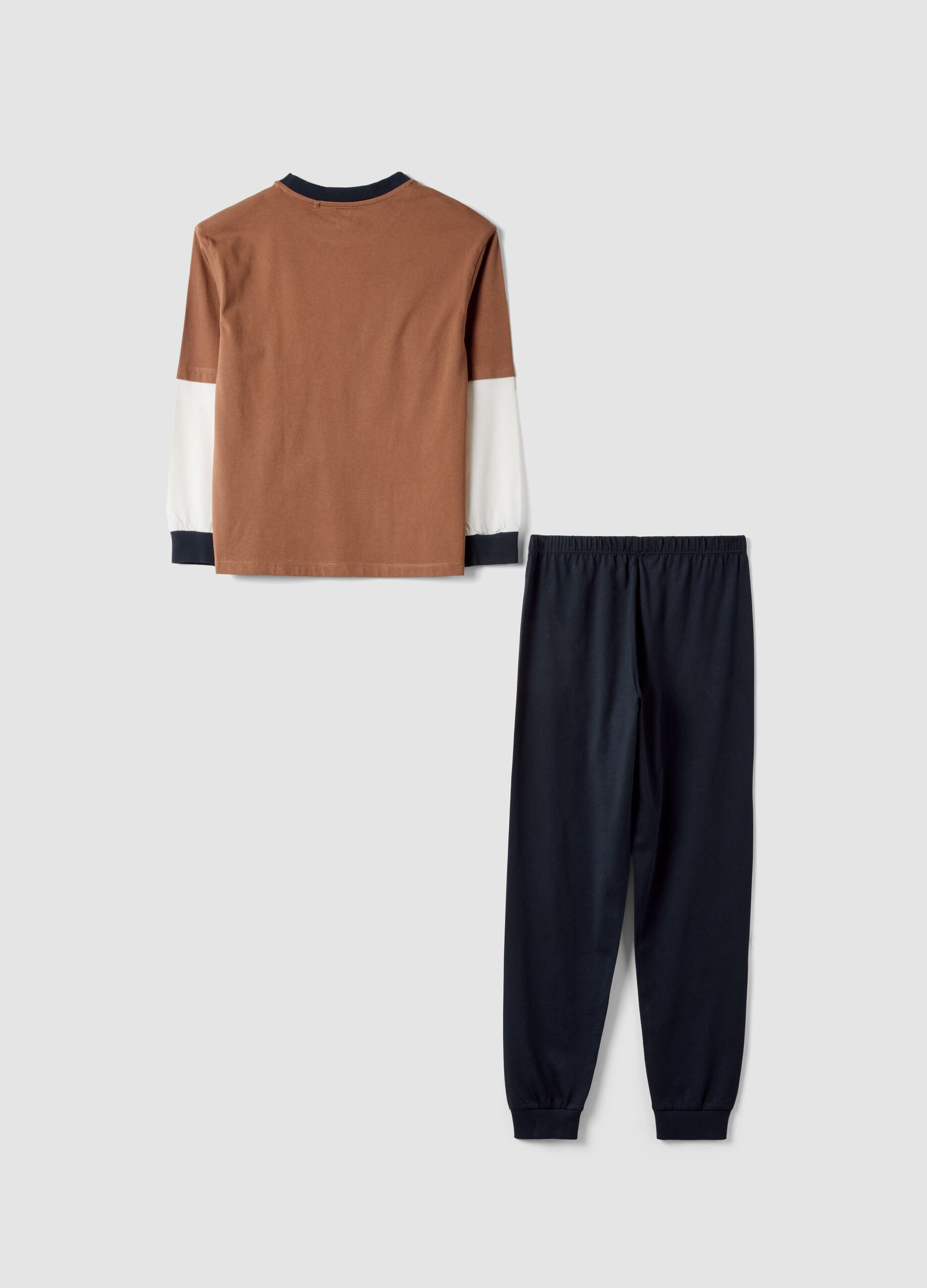 Blue and brown organic cotton crew-neck pyjamas for boys