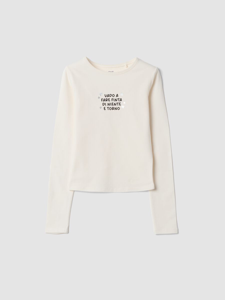 T-shirt bianca in cotone organico elasticizzato con scritta slim fit_0