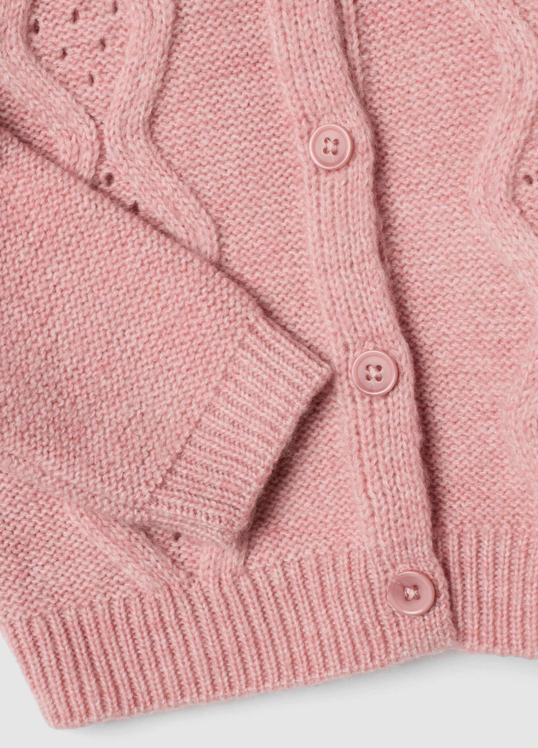 Pink crew-neck openwork knit cardigan