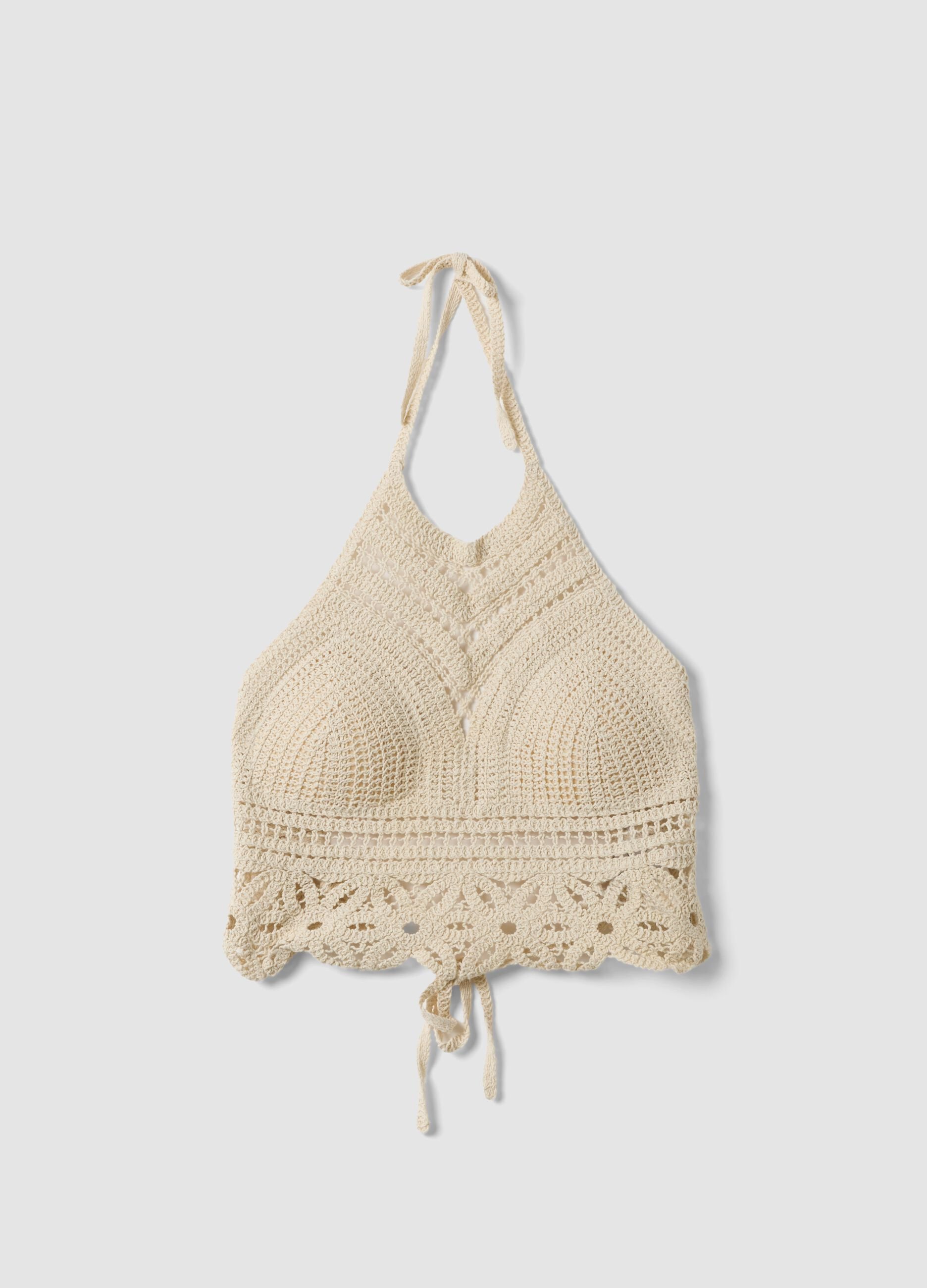 Beige crochet crop tank top in cotton blend, regular fit