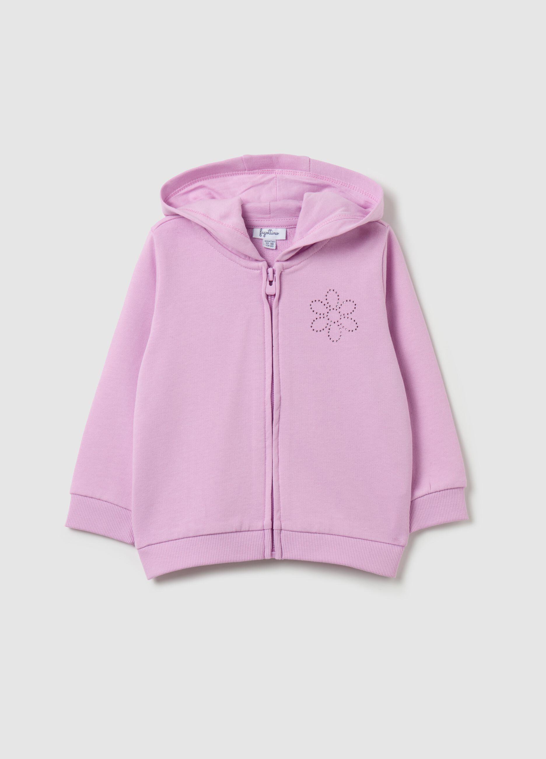 Full-zip sweatshirt in French terry with hood and diamantés