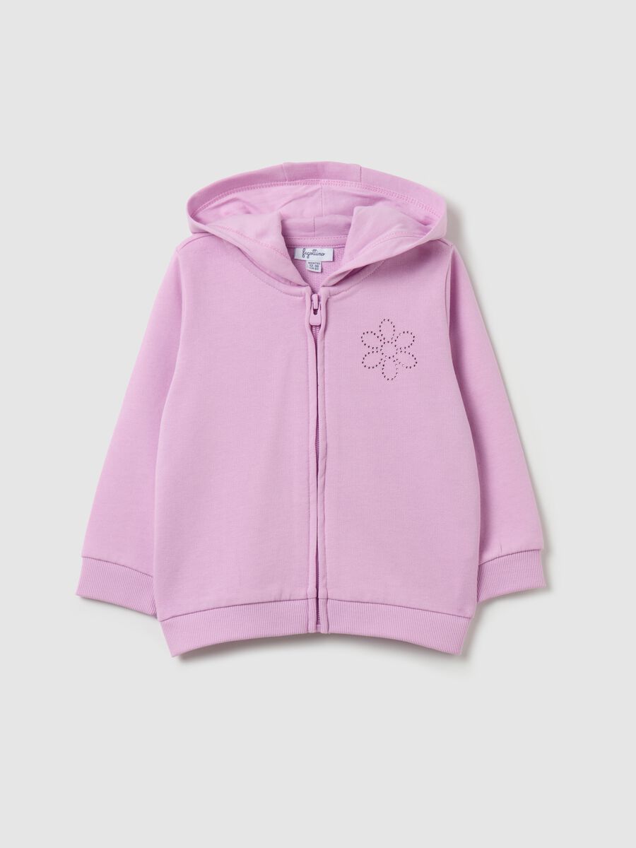 Full-zip sweatshirt in French terry with hood and diamantés_0