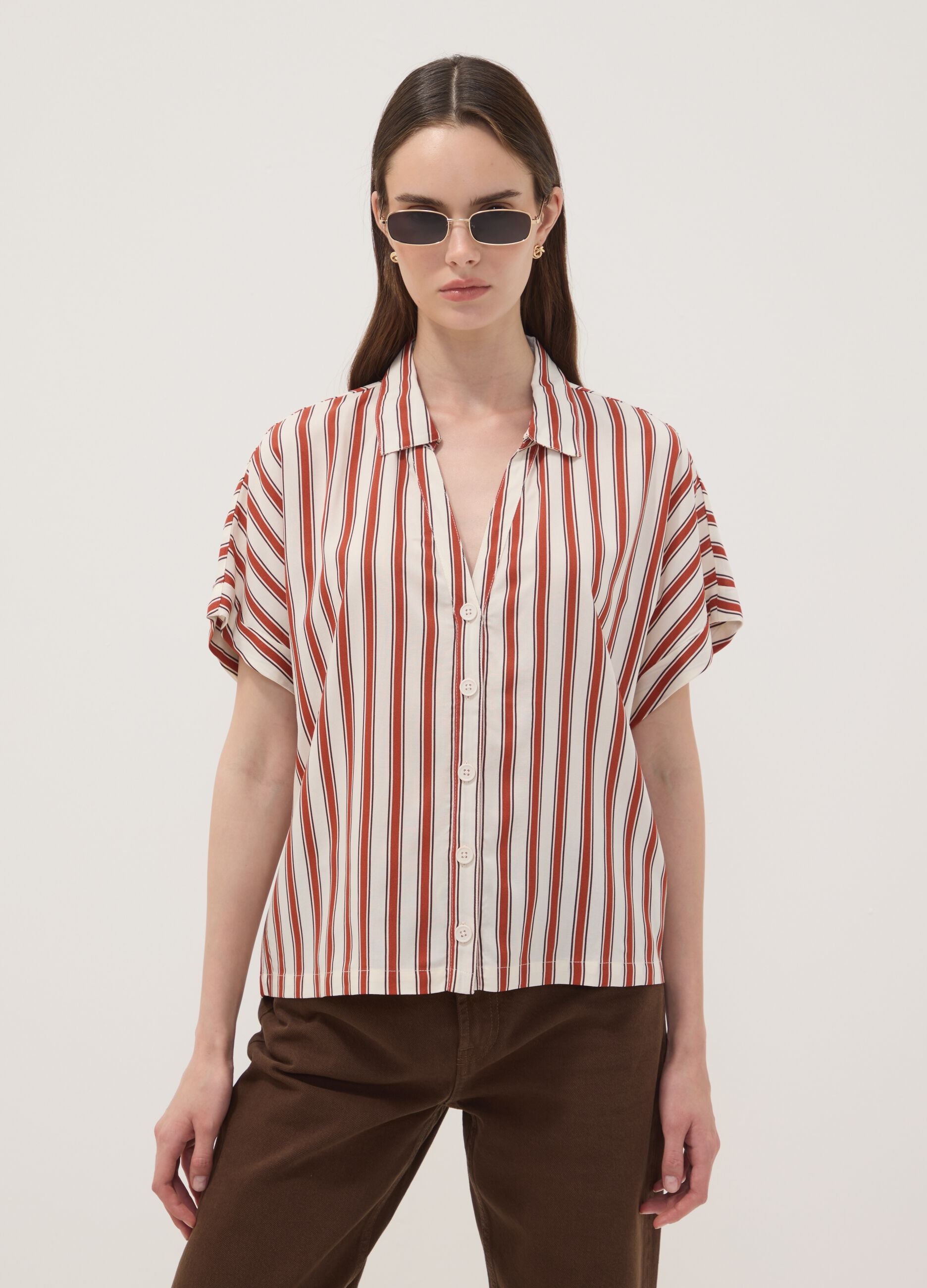 Multicolour striped pure viscose short-sleeve oversized shirt