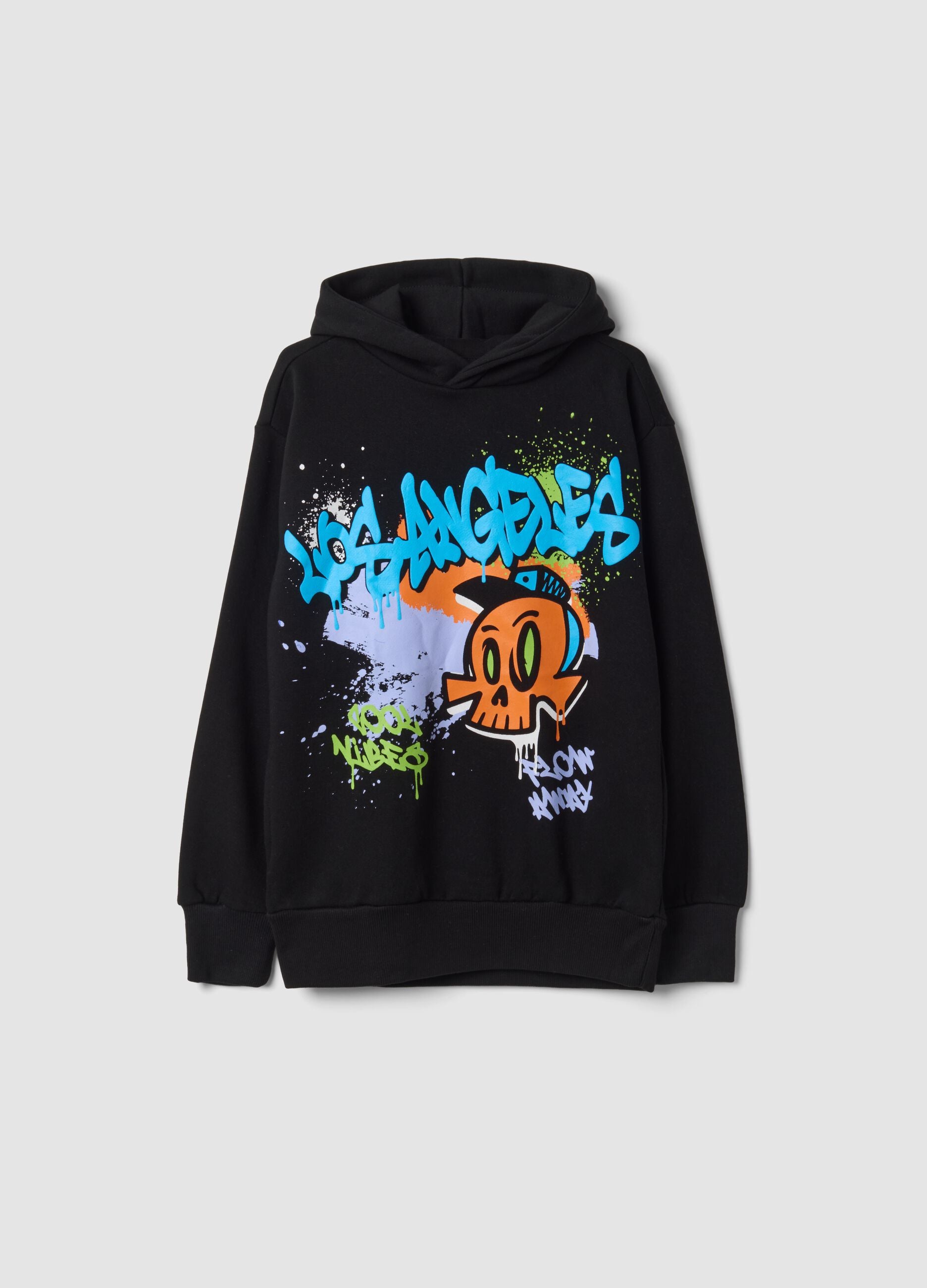 Black cotton-blend hoodie with Los Angeles graffiti print