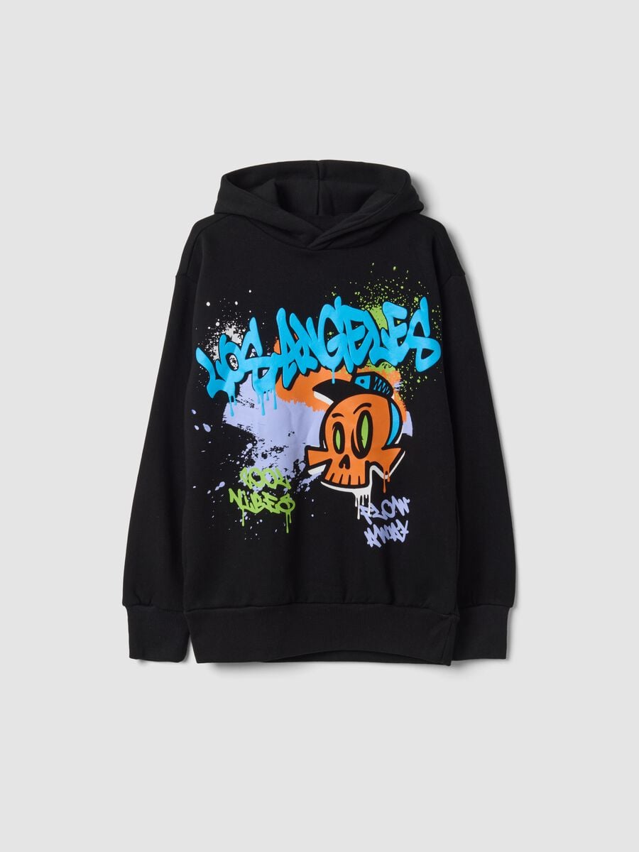 Black cotton-blend hoodie with Los Angeles graffiti print_0
