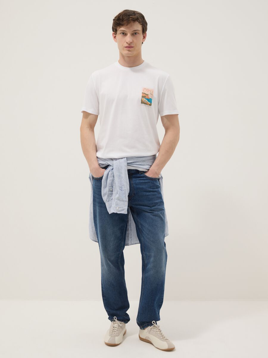 White pure cotton T-shirt with applied print, regular fit_1