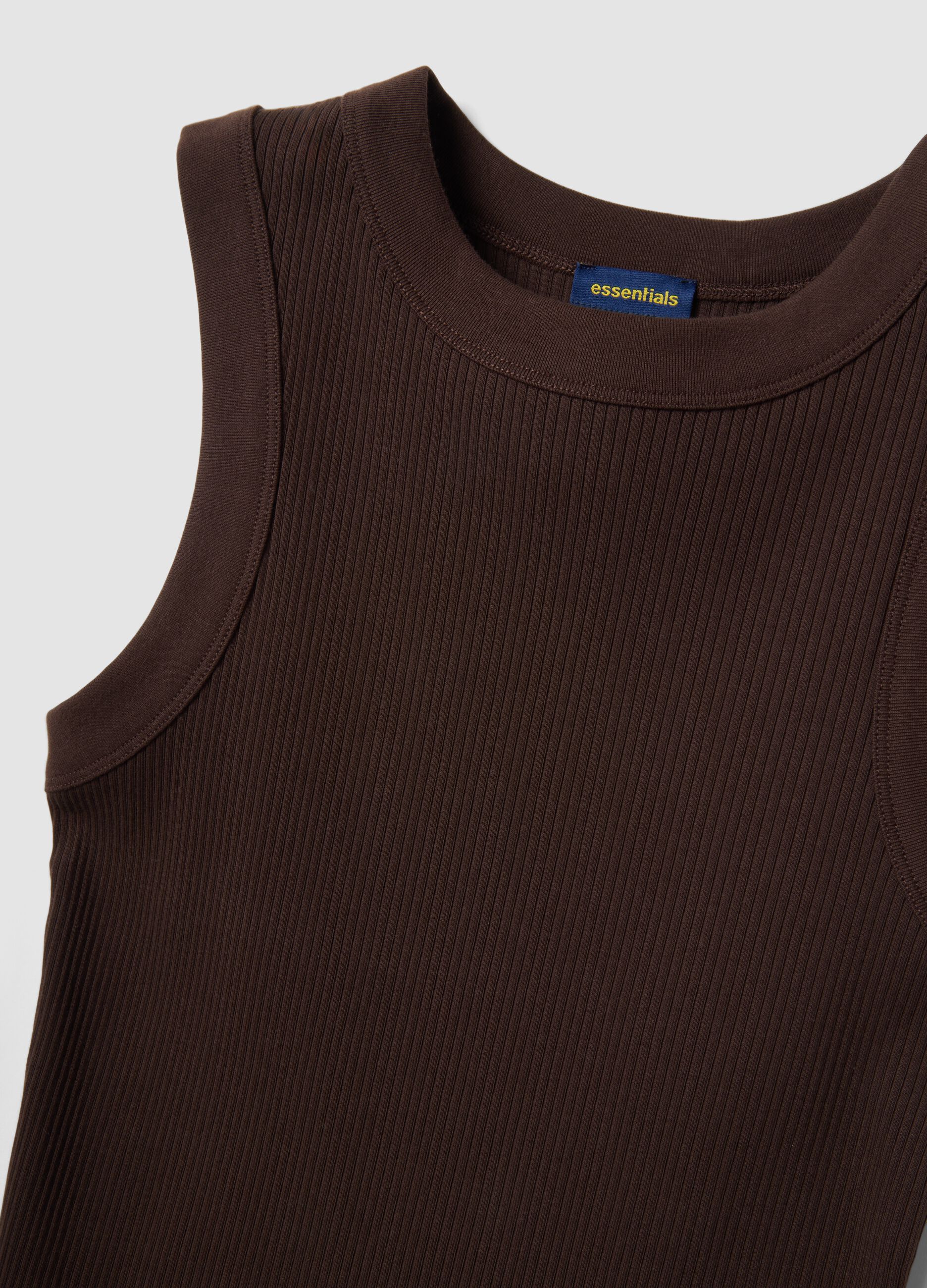 Brown fitted ribbed stretch-cotton tank top