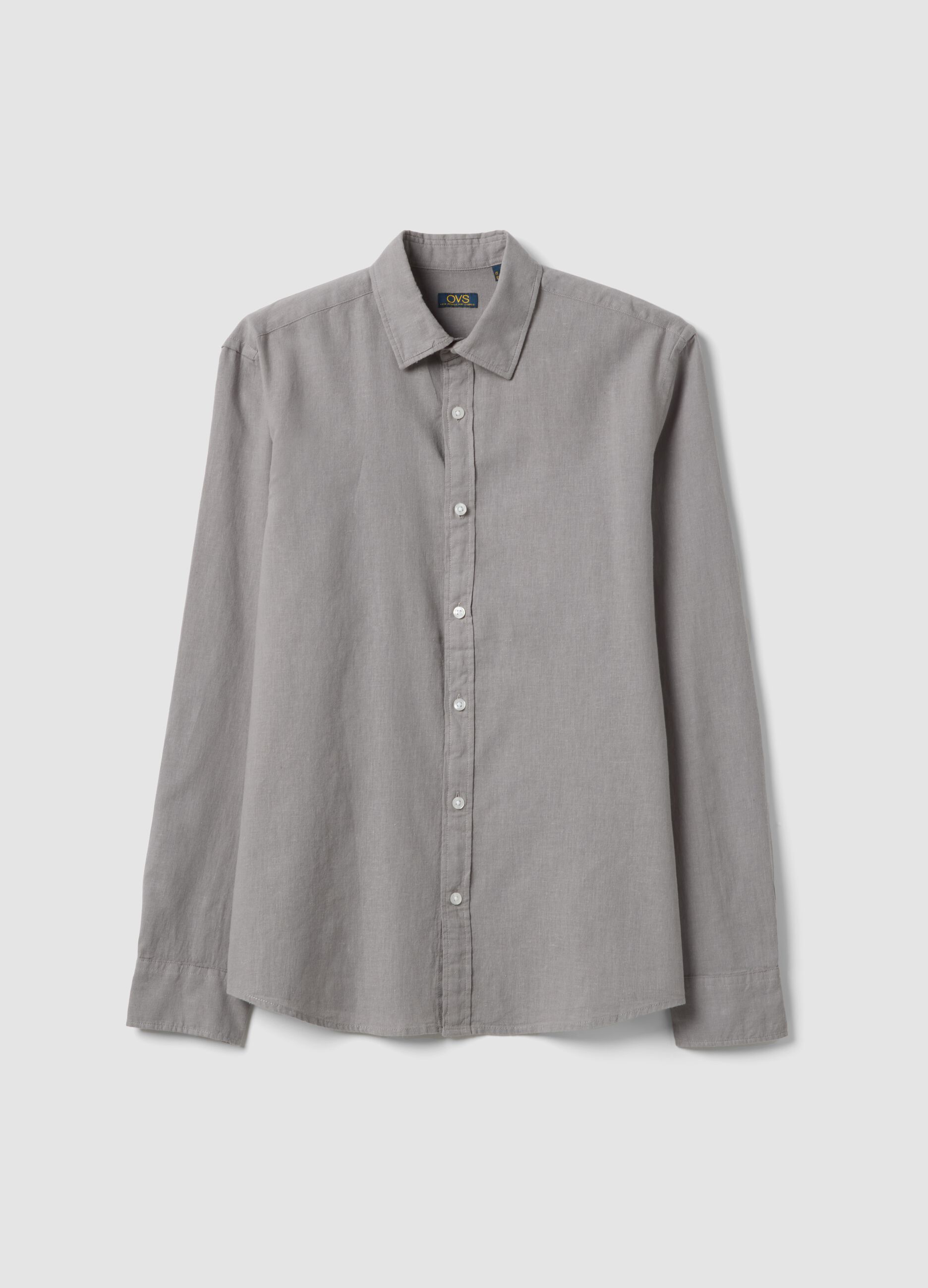 Grey linen-cotton blend shirt with regular fit