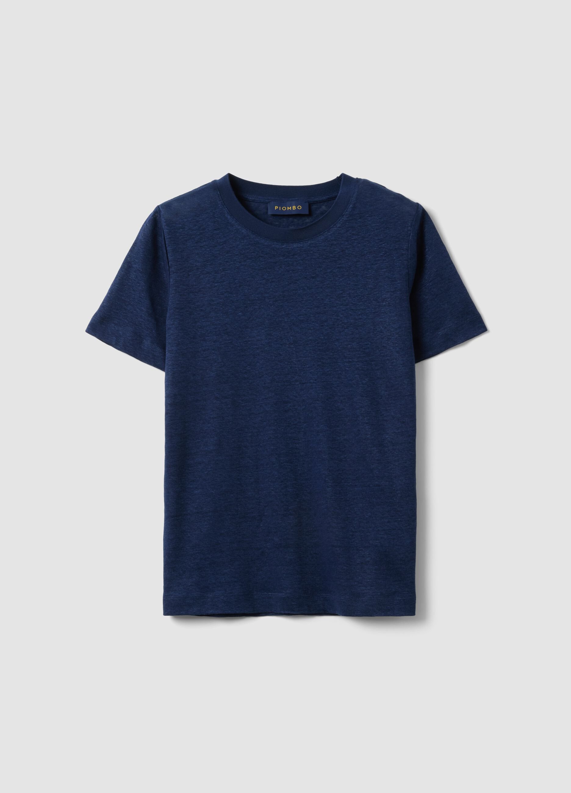 Blue pure linen short-sleeve T-shirt, regular fit