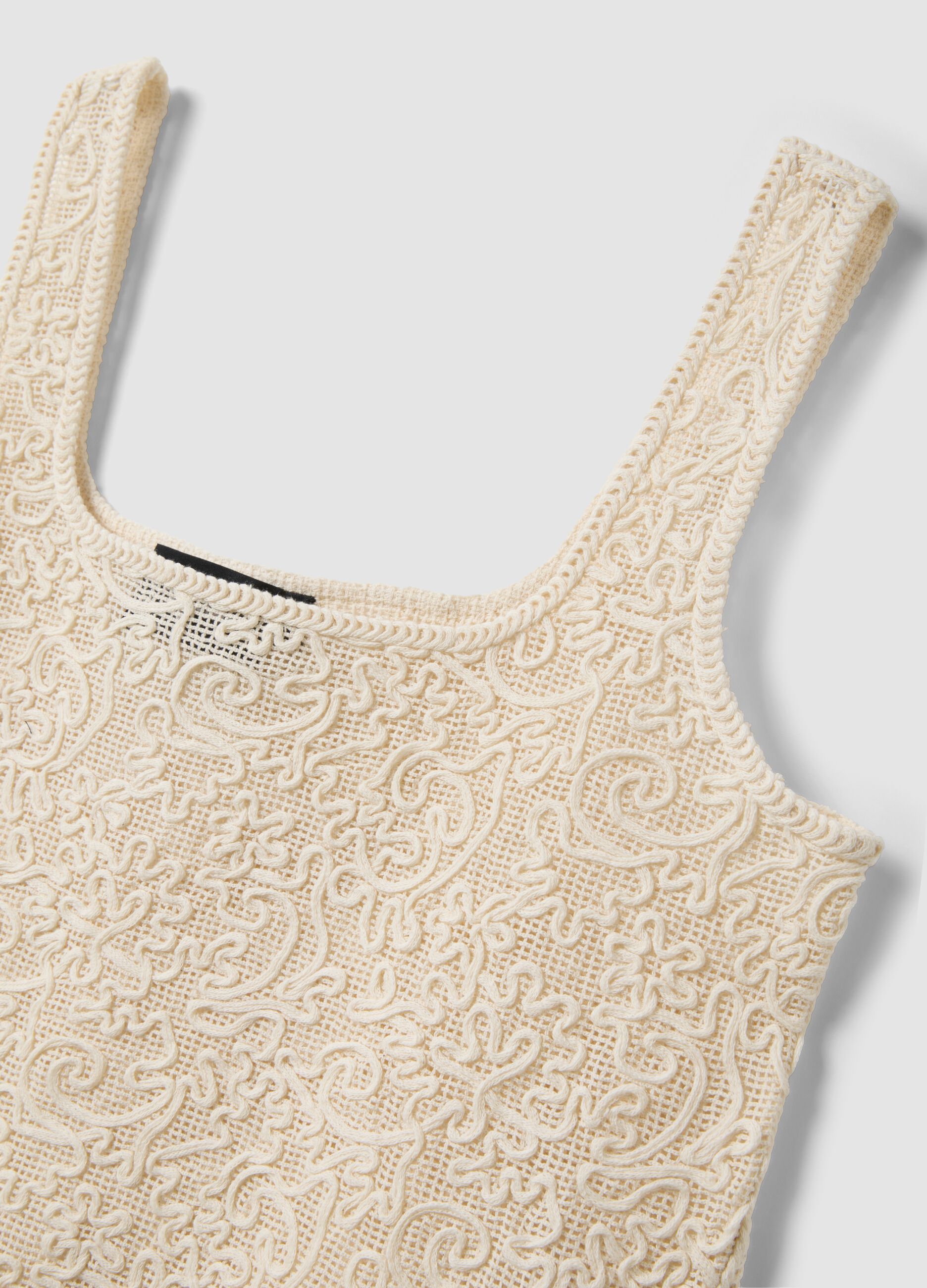Beige cotton-blend regular-fit tank top with embroidery and mesh