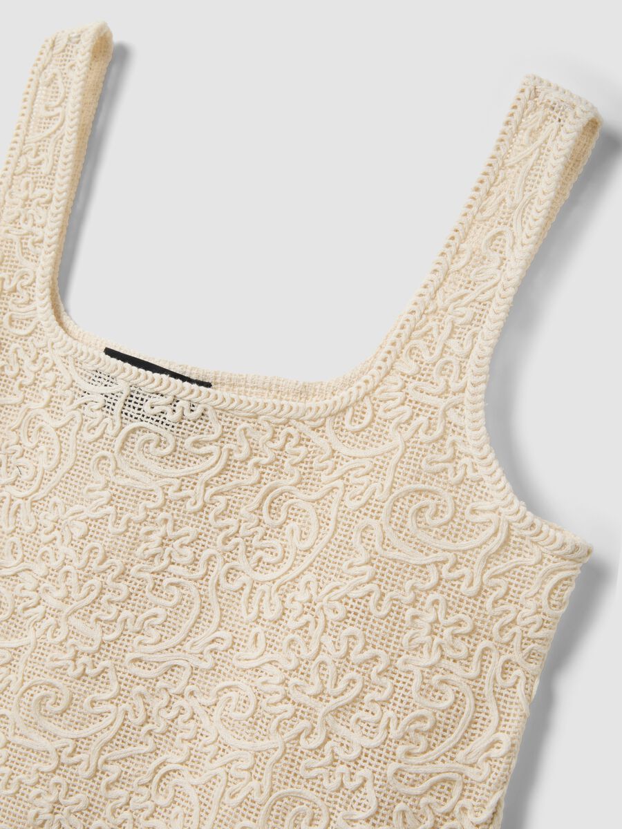Tank top beige in misto cotone regular fit con ricamo e rete_1