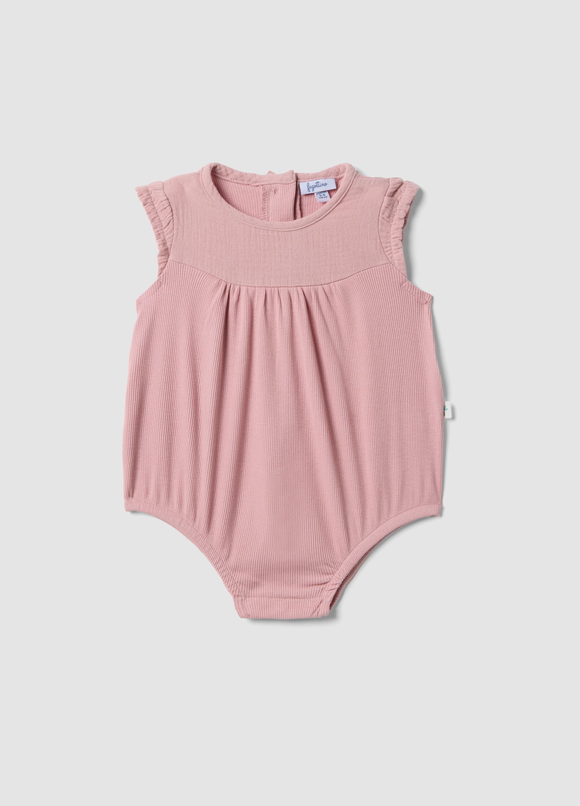 Pink pure cotton baby bodysuit with ruffle sleeves