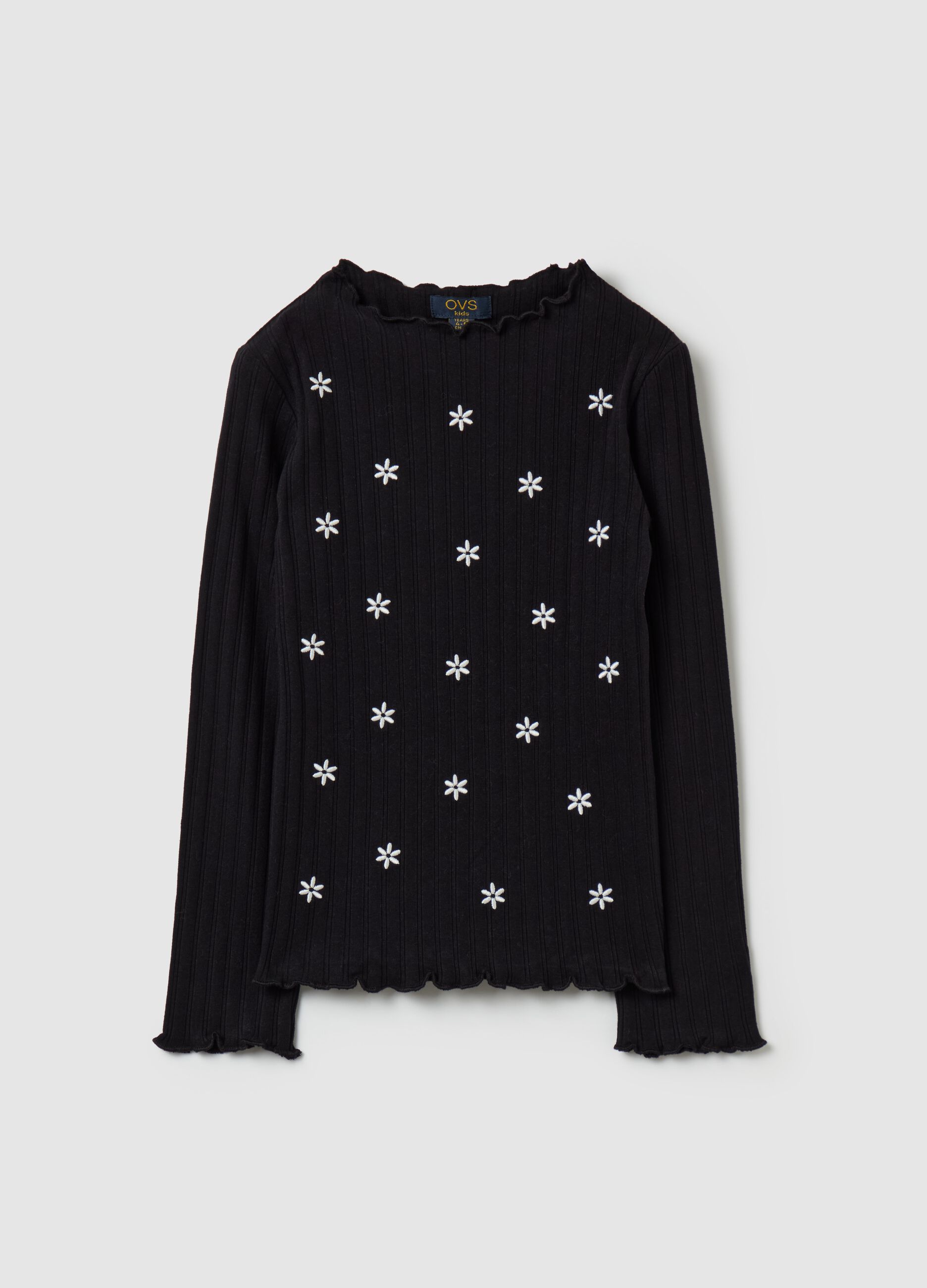 Flat-rib T-shirt with floral embroidery