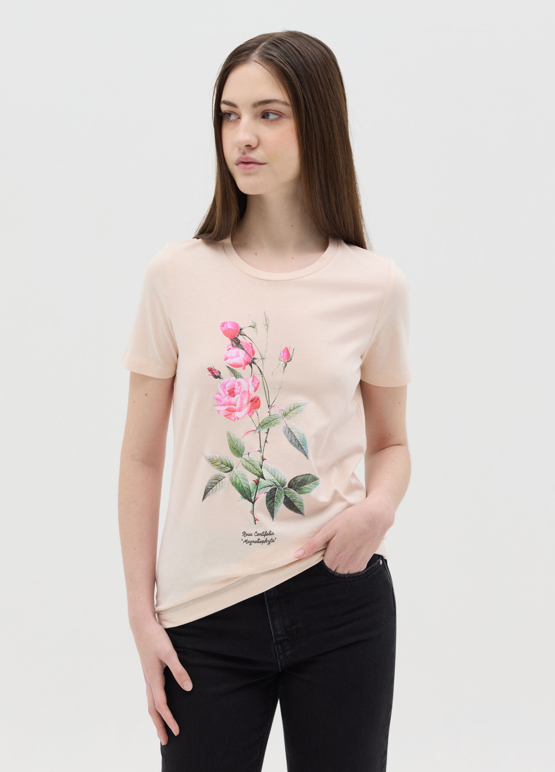 T-shirt rosa in cotone con stampa fiore