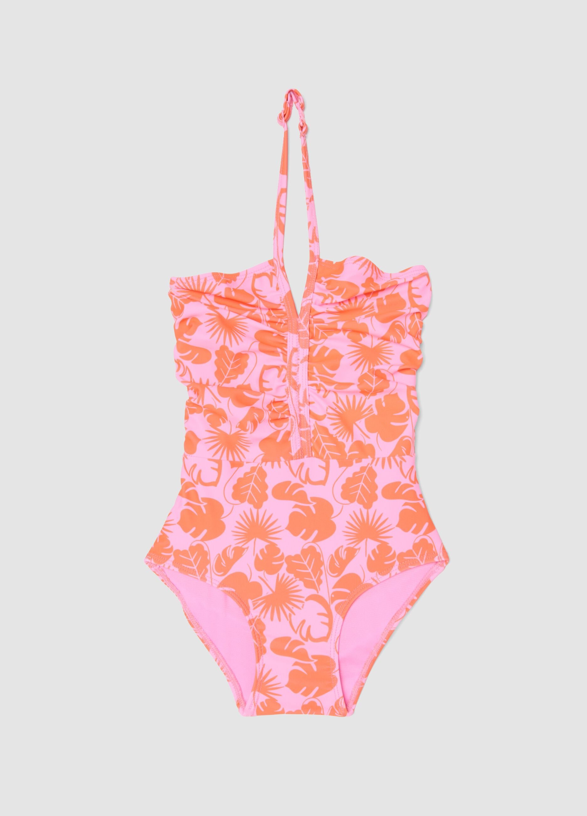 Girls&rsquo; pink tropical print stretch swimsuit