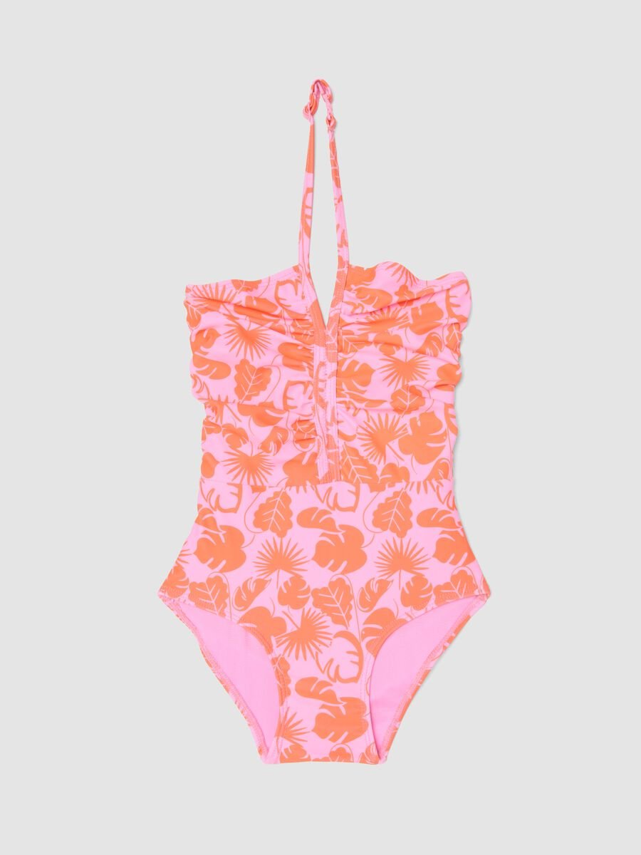 Costume intero rosa in tessuto elasticizzato con stampa tropicale per bambina_0