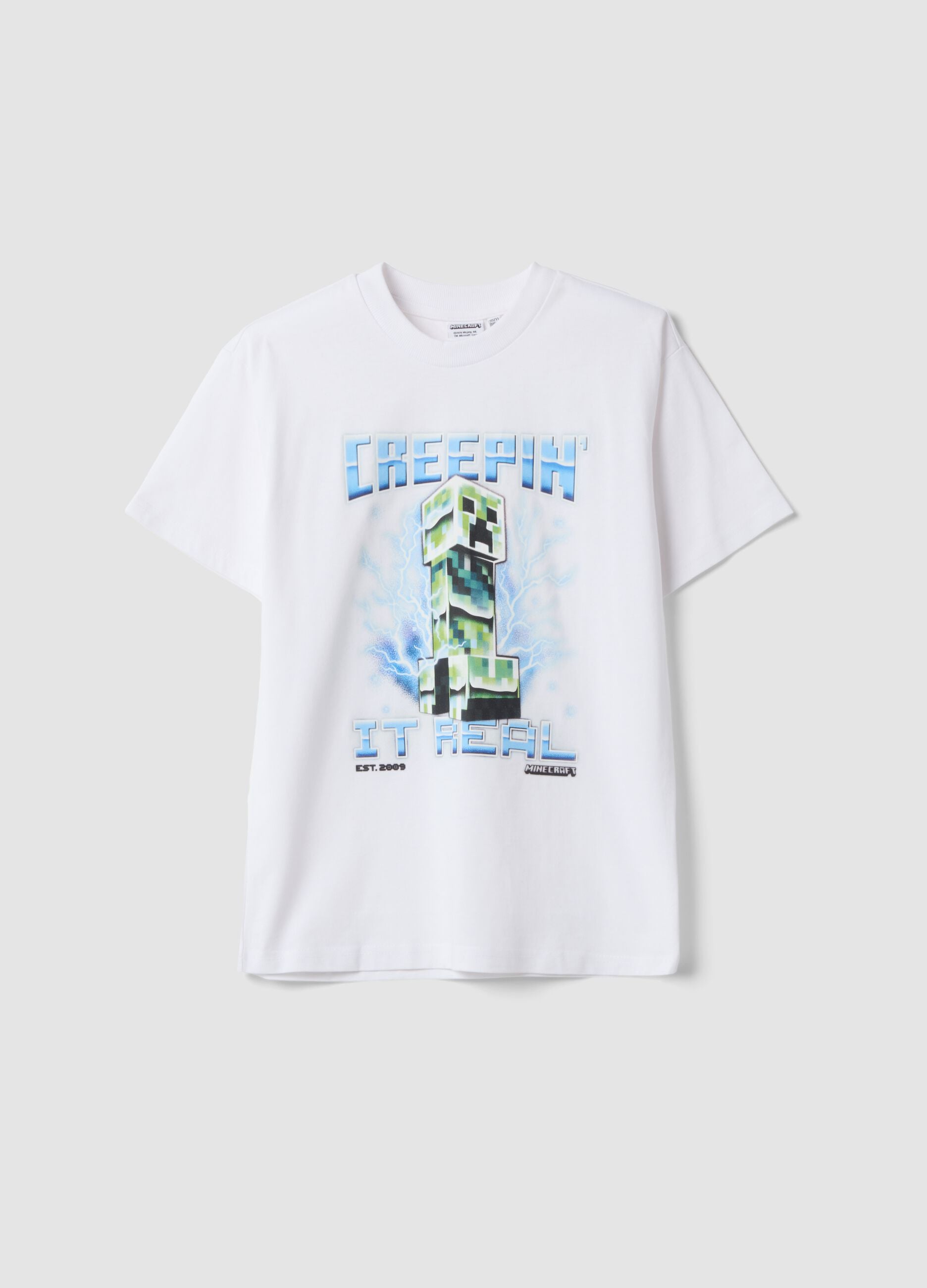White pure cotton crew-neck T-shirt with Minecraft print