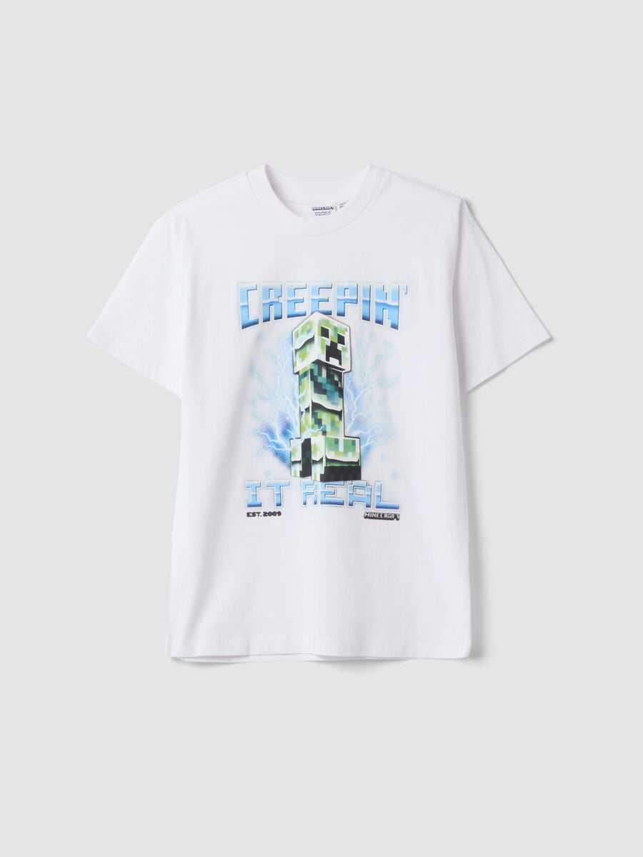 T-shirt bianca in puro cotone con girocollo e stampa Minecraft_0