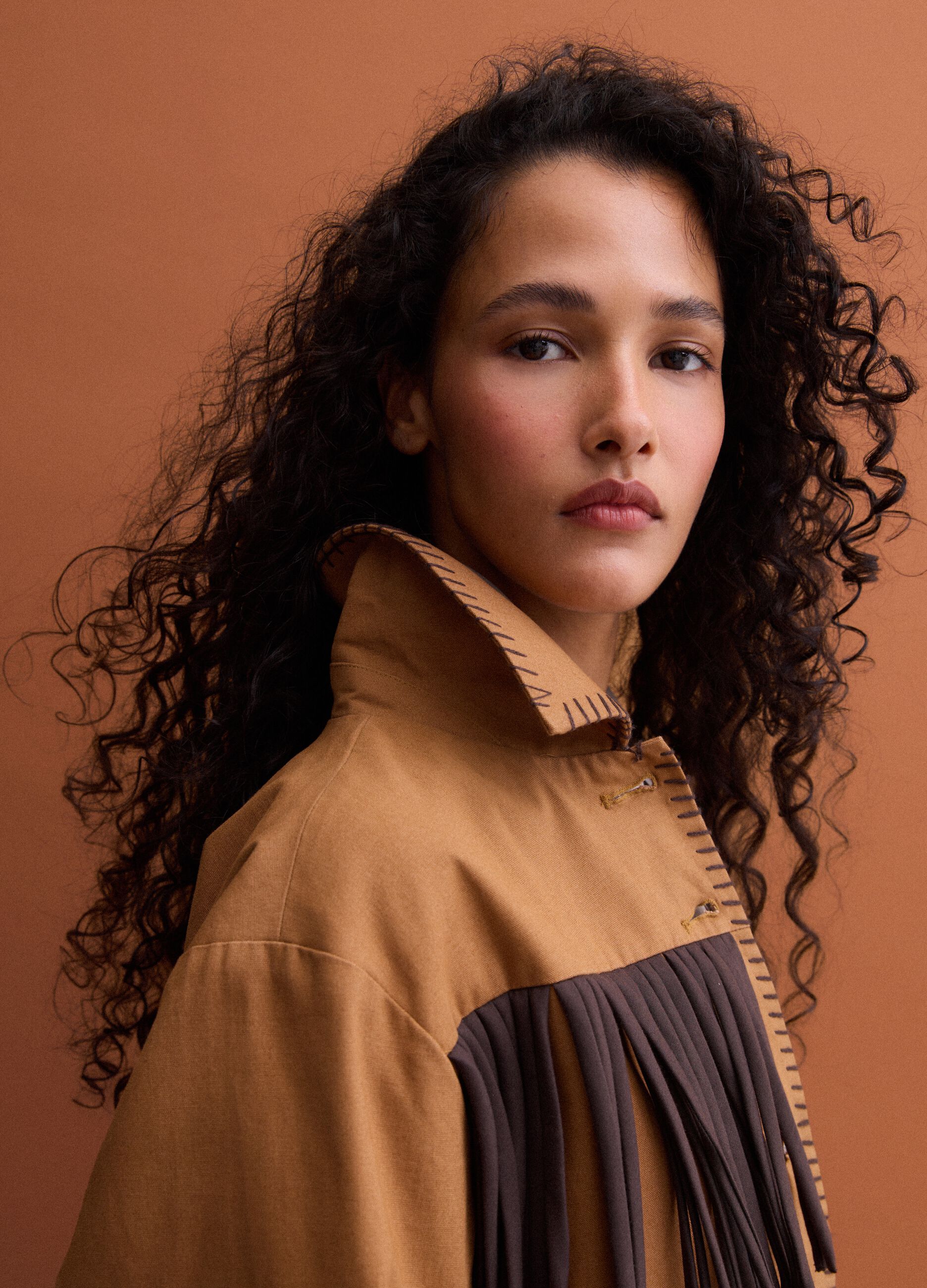 Brown pure cotton fringed shacket, regular fit