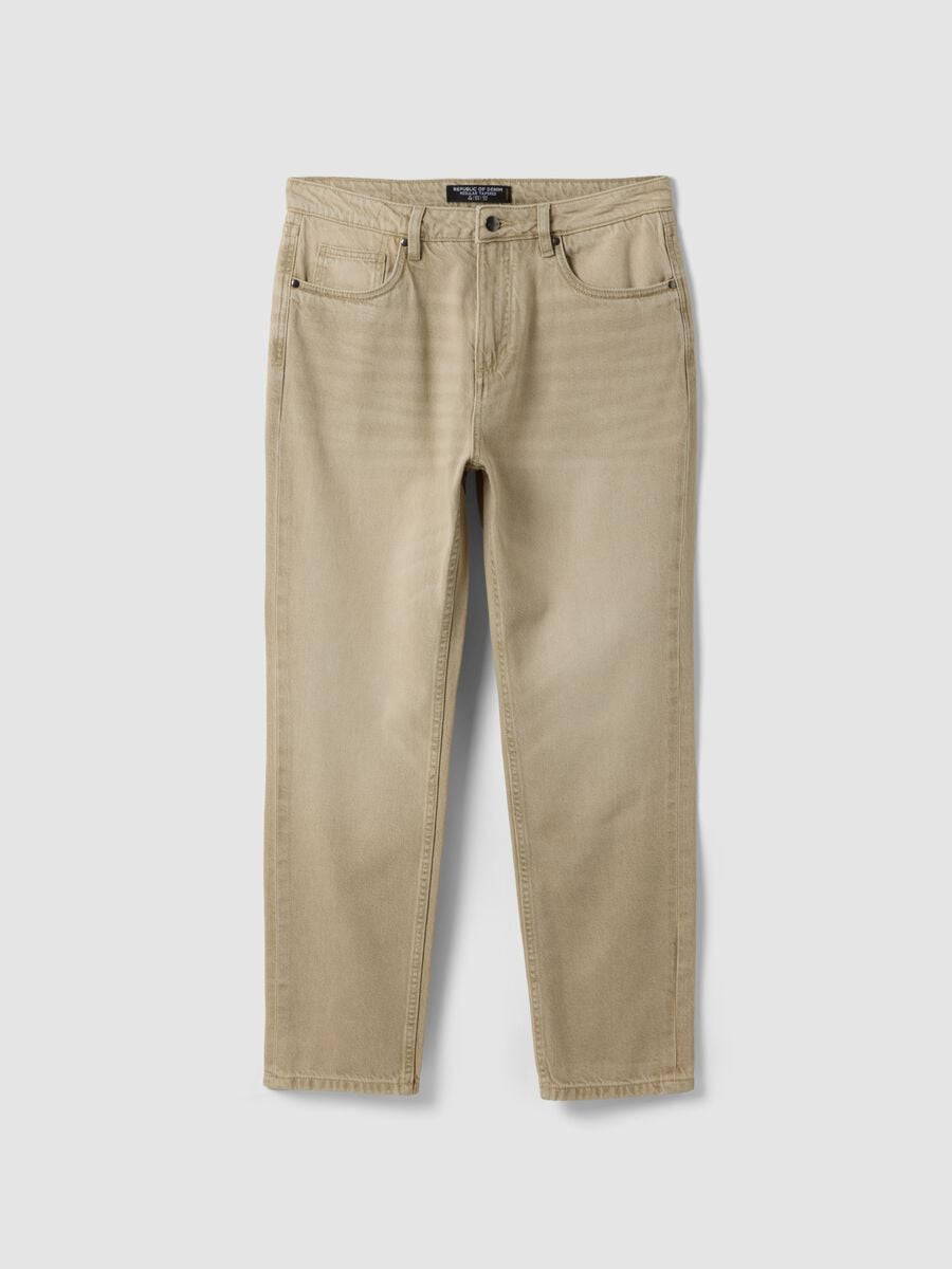 Beige cotton-lyocell blend regular tapered jeans_0