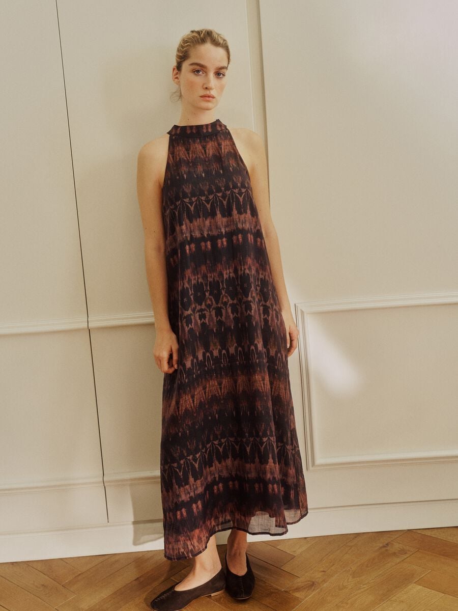 Abito maxi nero e marrone in misto lyocell regular fit con fantasia_0