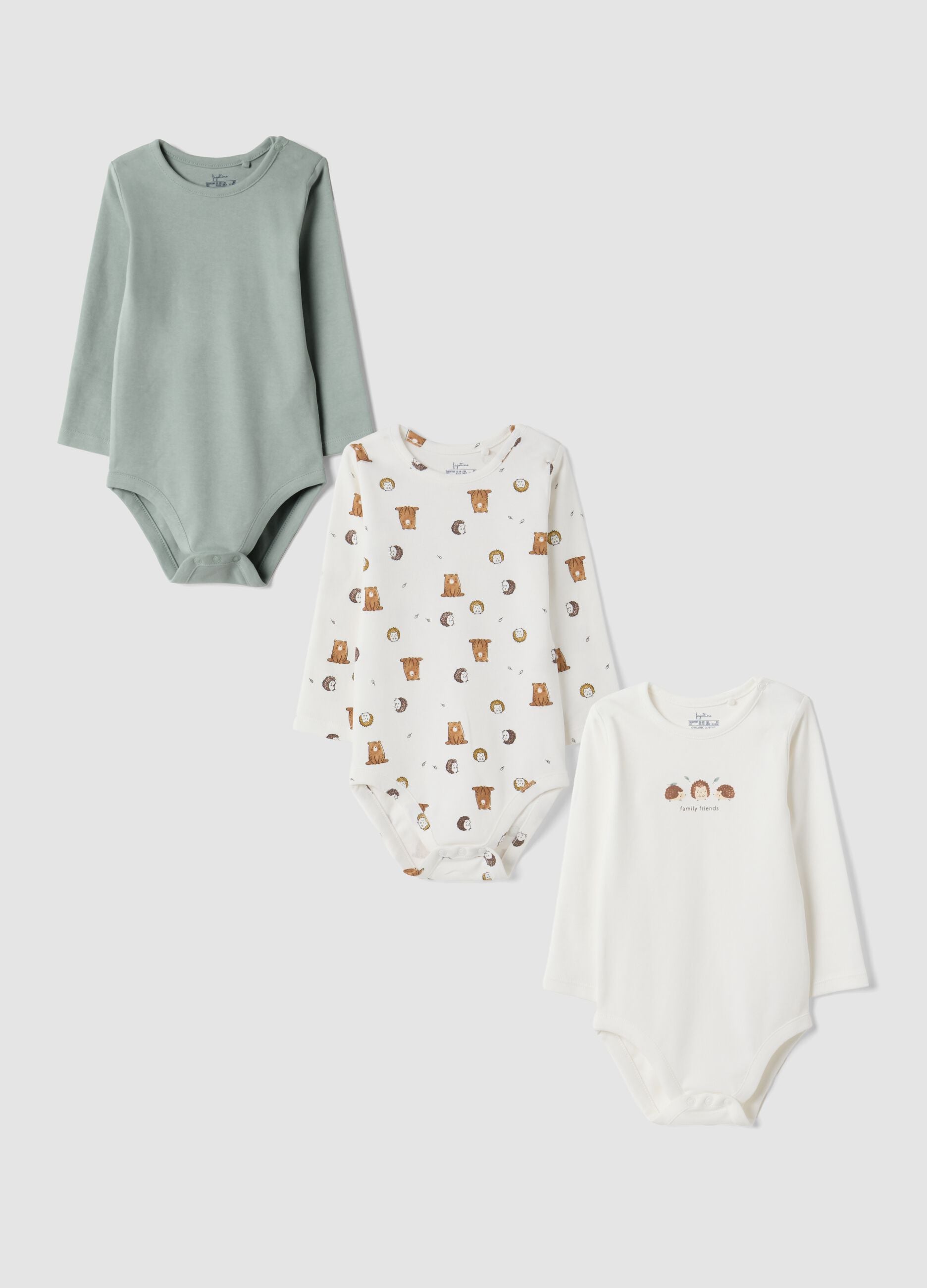3-pack of crew-neck bodysuits in ivory white and sage green, 100% organic cotton