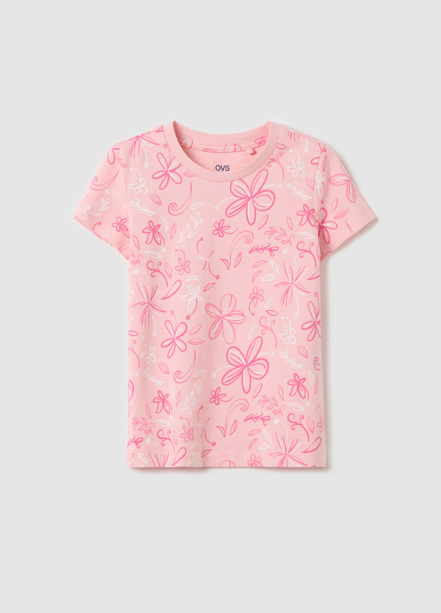 Pink organic cotton T-shirt with flowers print