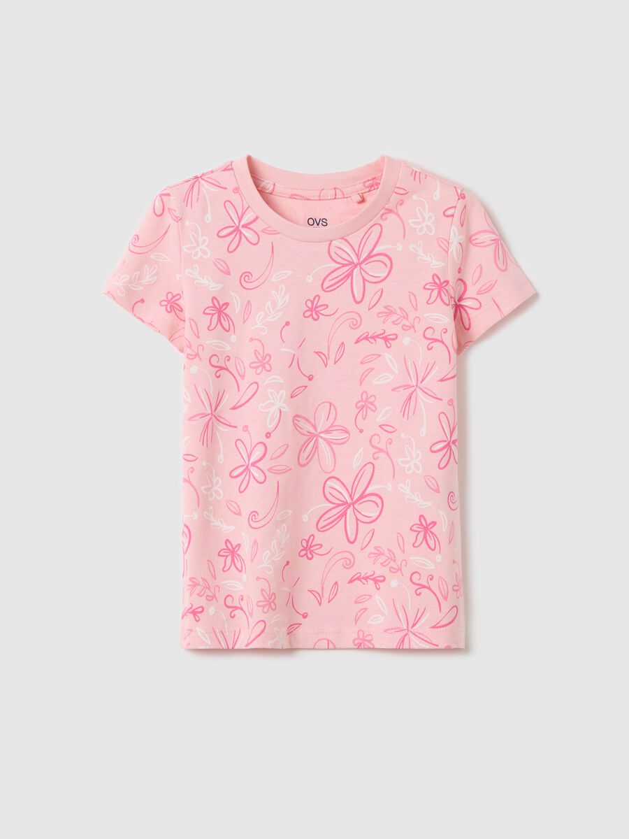 Pink organic cotton T-shirt with flowers print_0