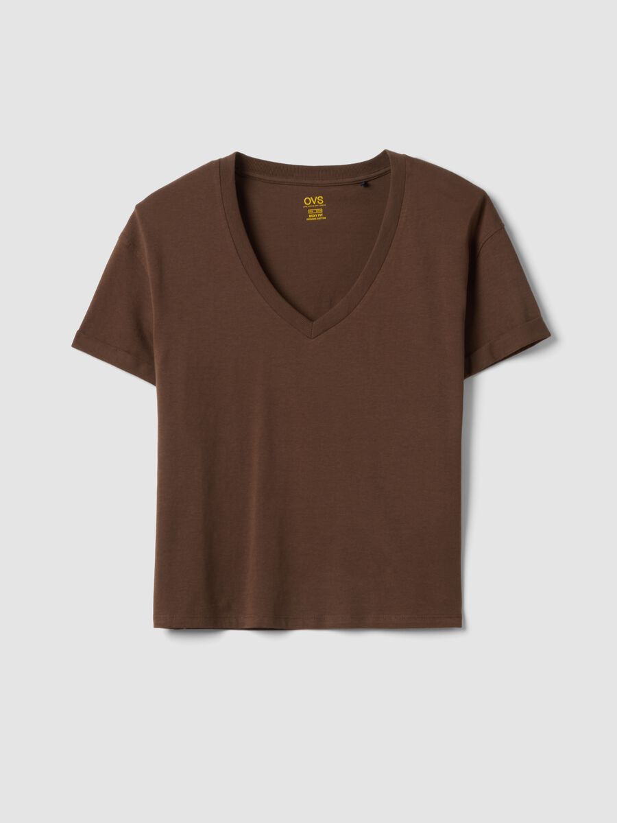 T-shirt in puro cotone marrone relaxed fit con collo a V_4
