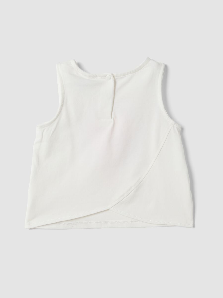 White fitted stretch cotton tank top with floral print for baby girl_1