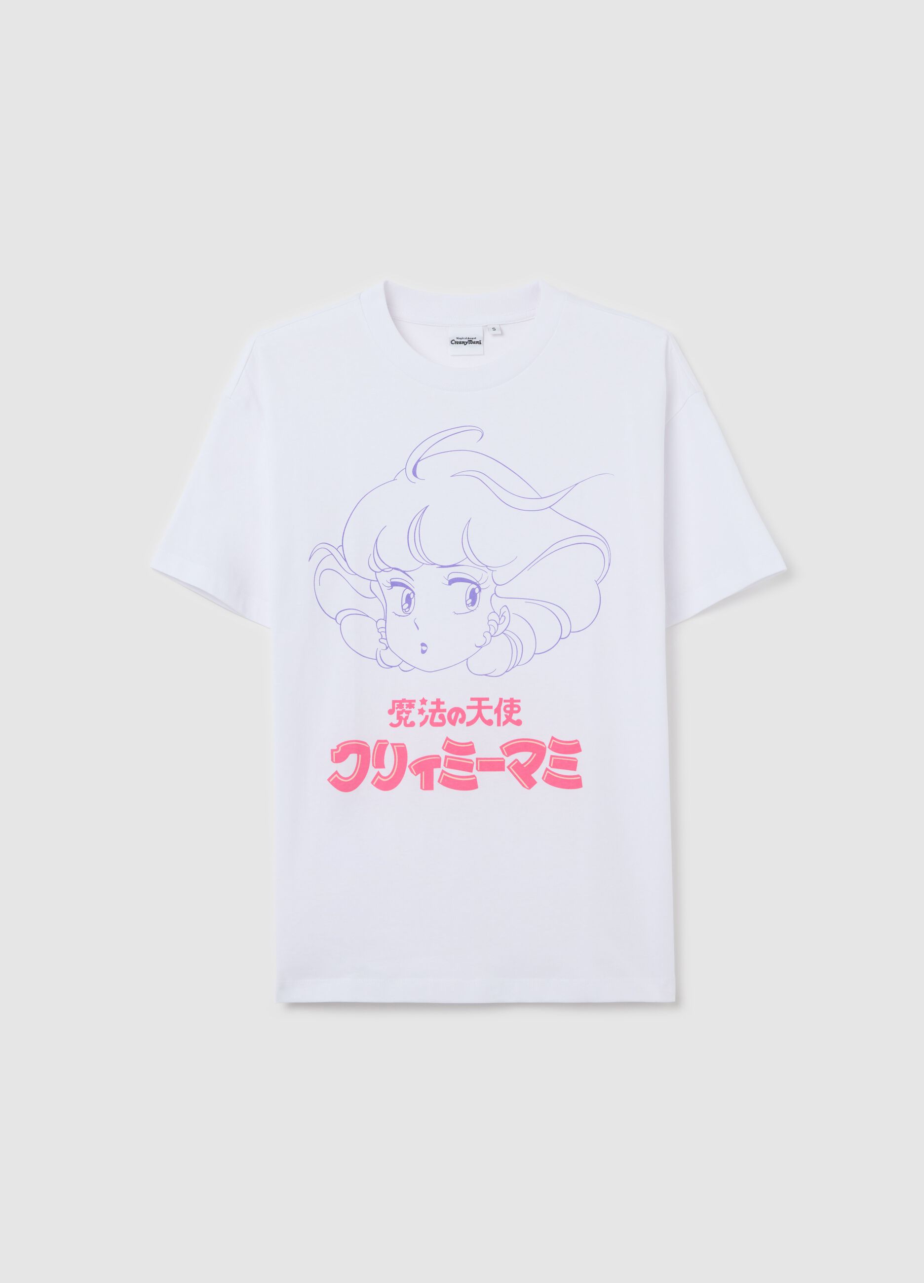 White T-shirt in cotton with Creamy Mami print