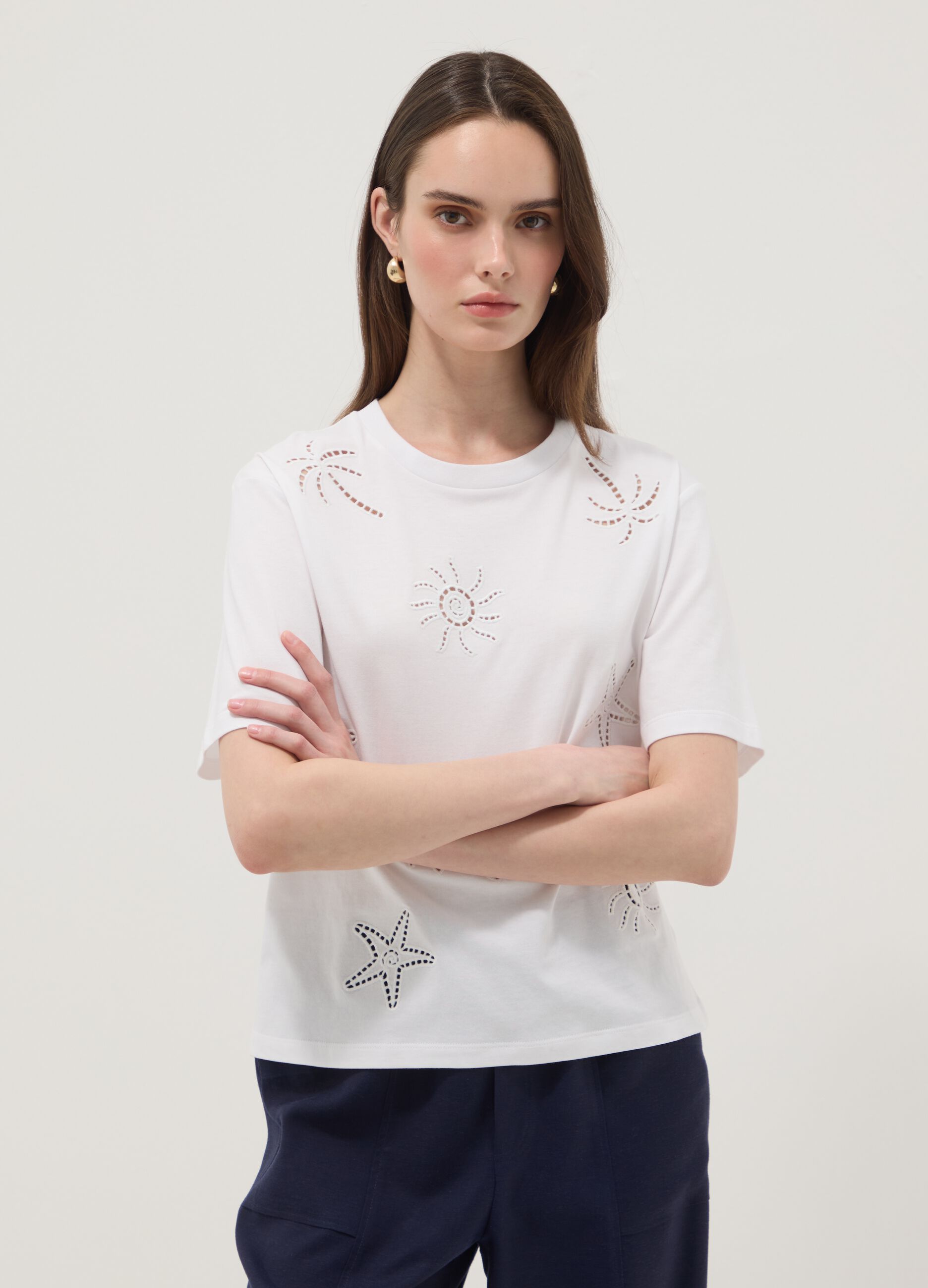 White pure cotton T-shirt with broderie anglaise embroidery, regular fit
