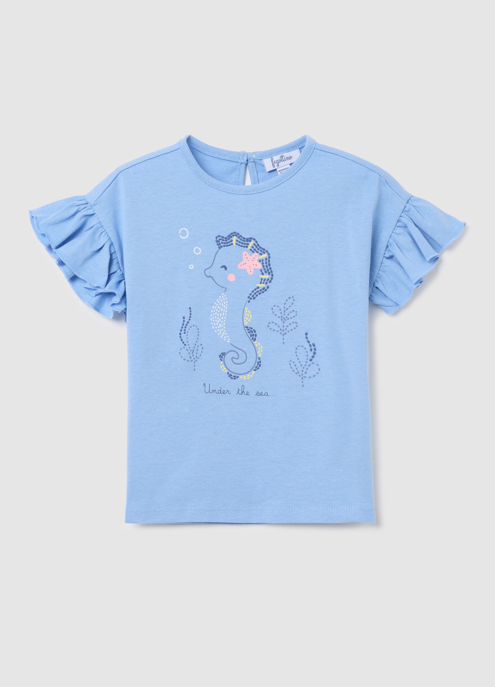 Light blue T-shirt in cotton with print and flounce