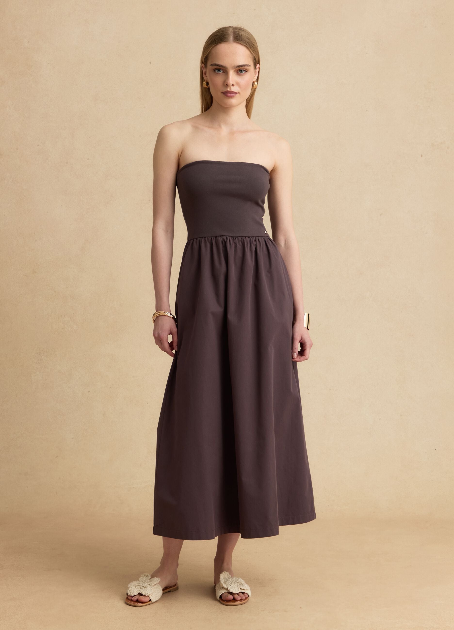 Brown maxi dress in stretch cotton, regular fit, strapless